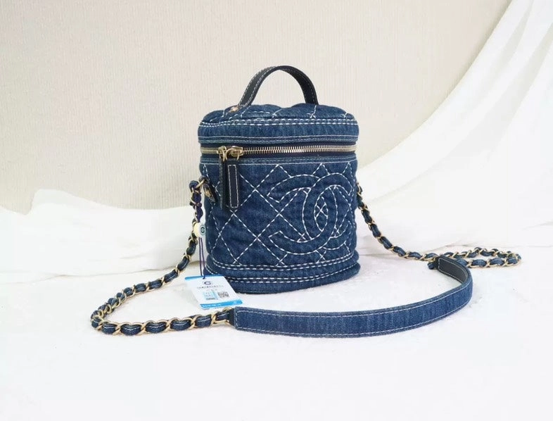 Chanel Vanity Case Blue Quilted Denim Crossbody Bag Small Size