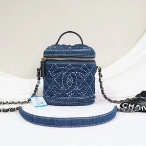 Chanel Vanity Case Blue Quilted Denim Crossbody Bag Small Size