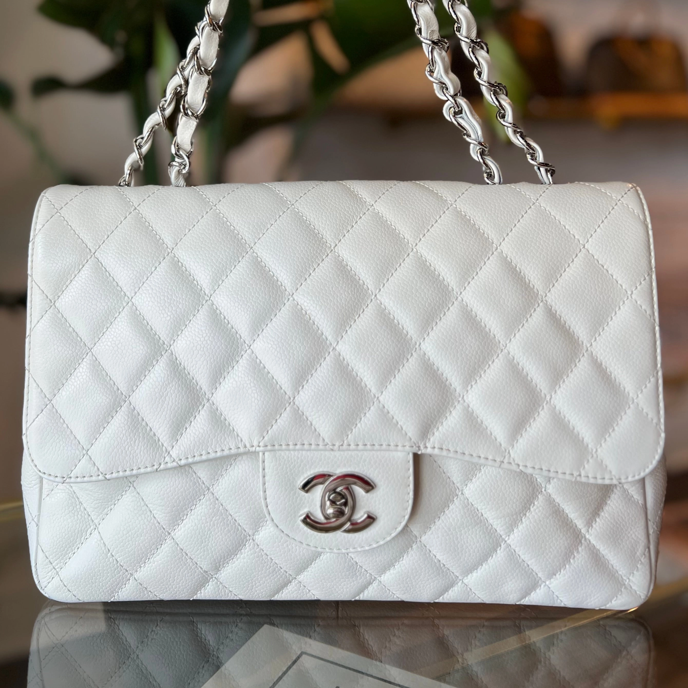 CHANEL Vintage Classic Jumbo White Caviar Single Flap