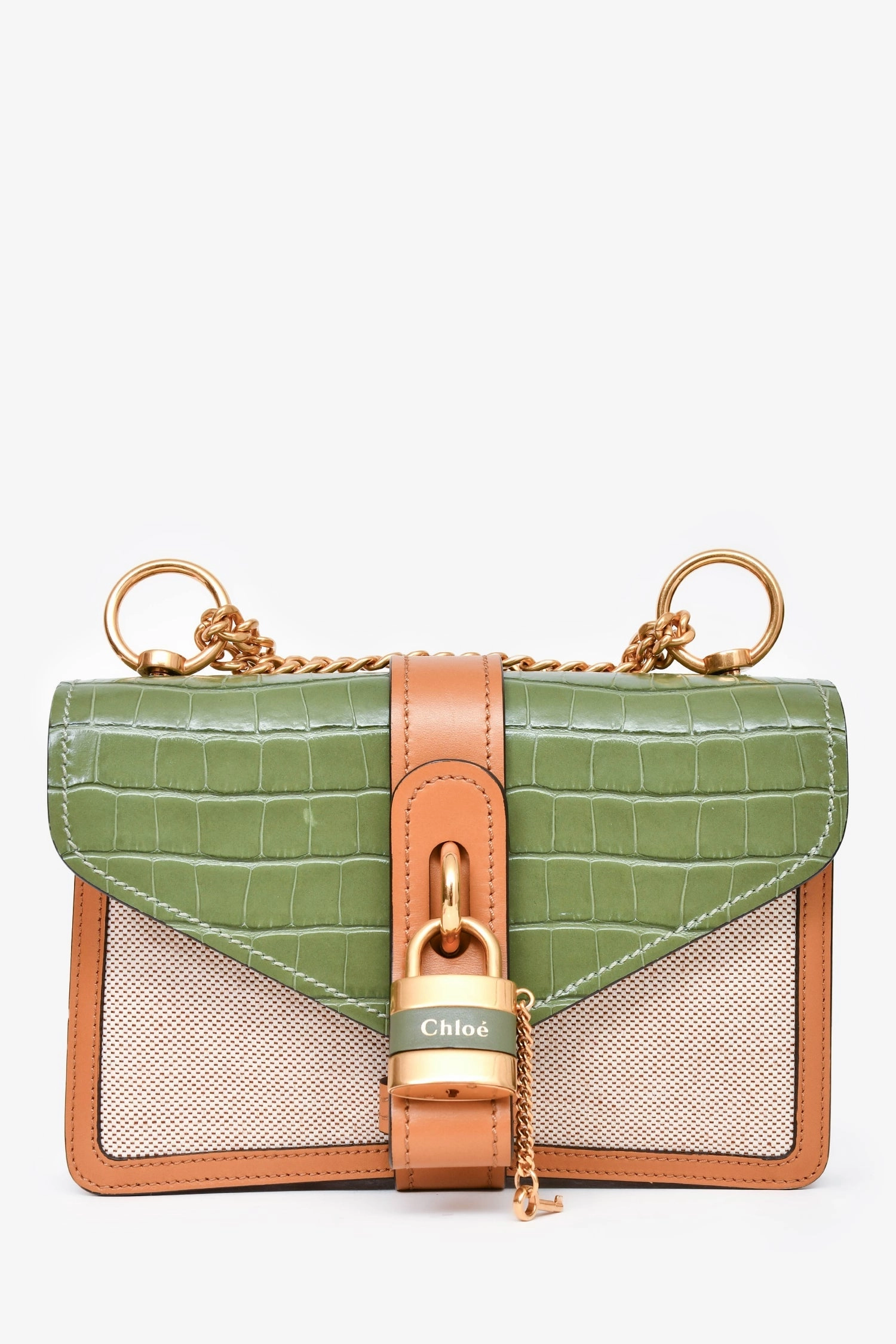 Chloe 2020 Green/Brown/Beige Croc Embossed Leather/Canvas Mini Aby Crossbody