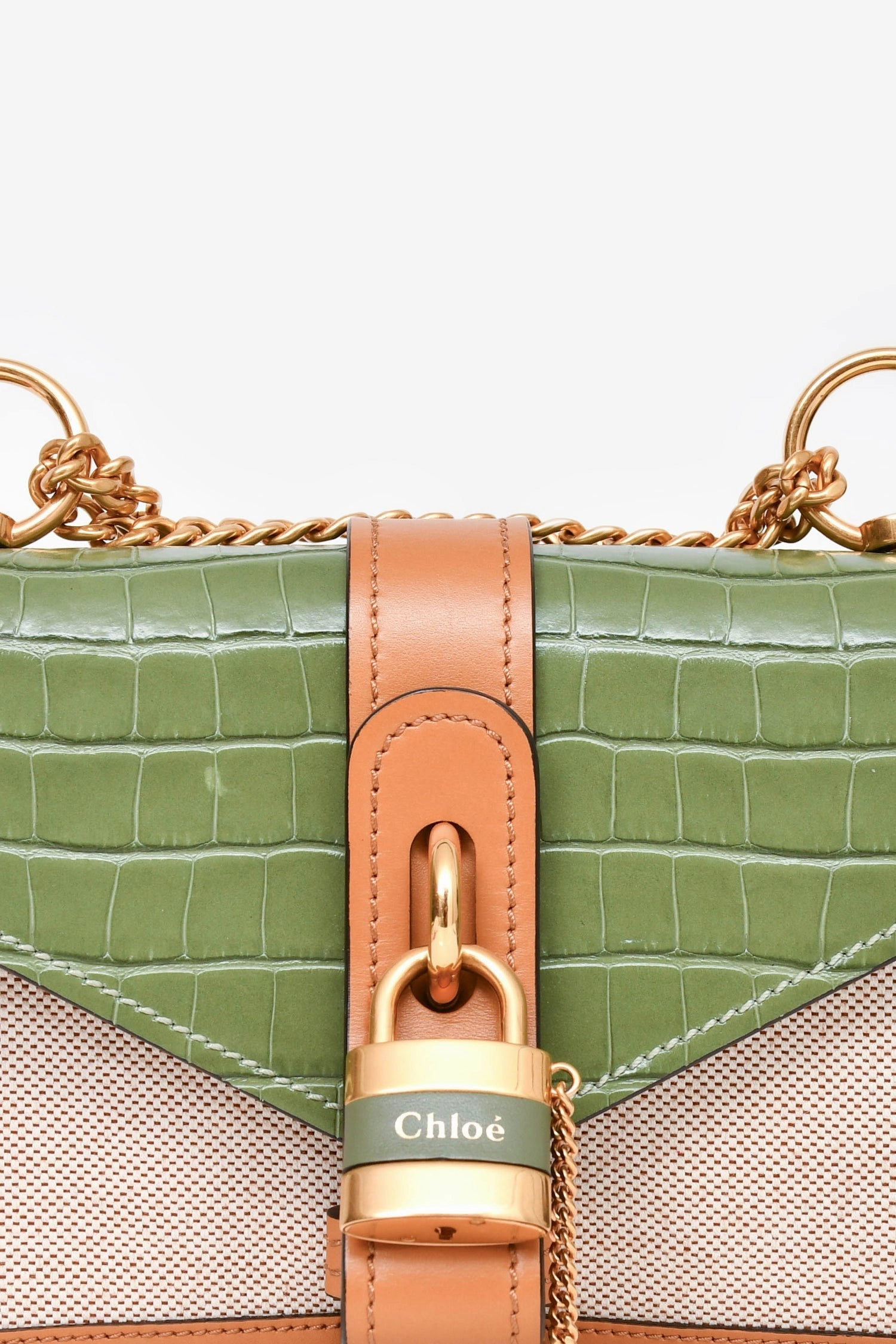 Chloe 2020 Green/Brown/Beige Croc Embossed Leather/Canvas Mini Aby Crossbody