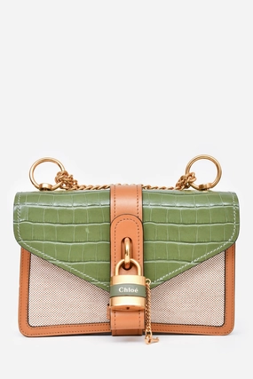 Chloe 2020 Green/Brown/Beige Croc Embossed Leather/Canvas Mini Aby Crossbody
