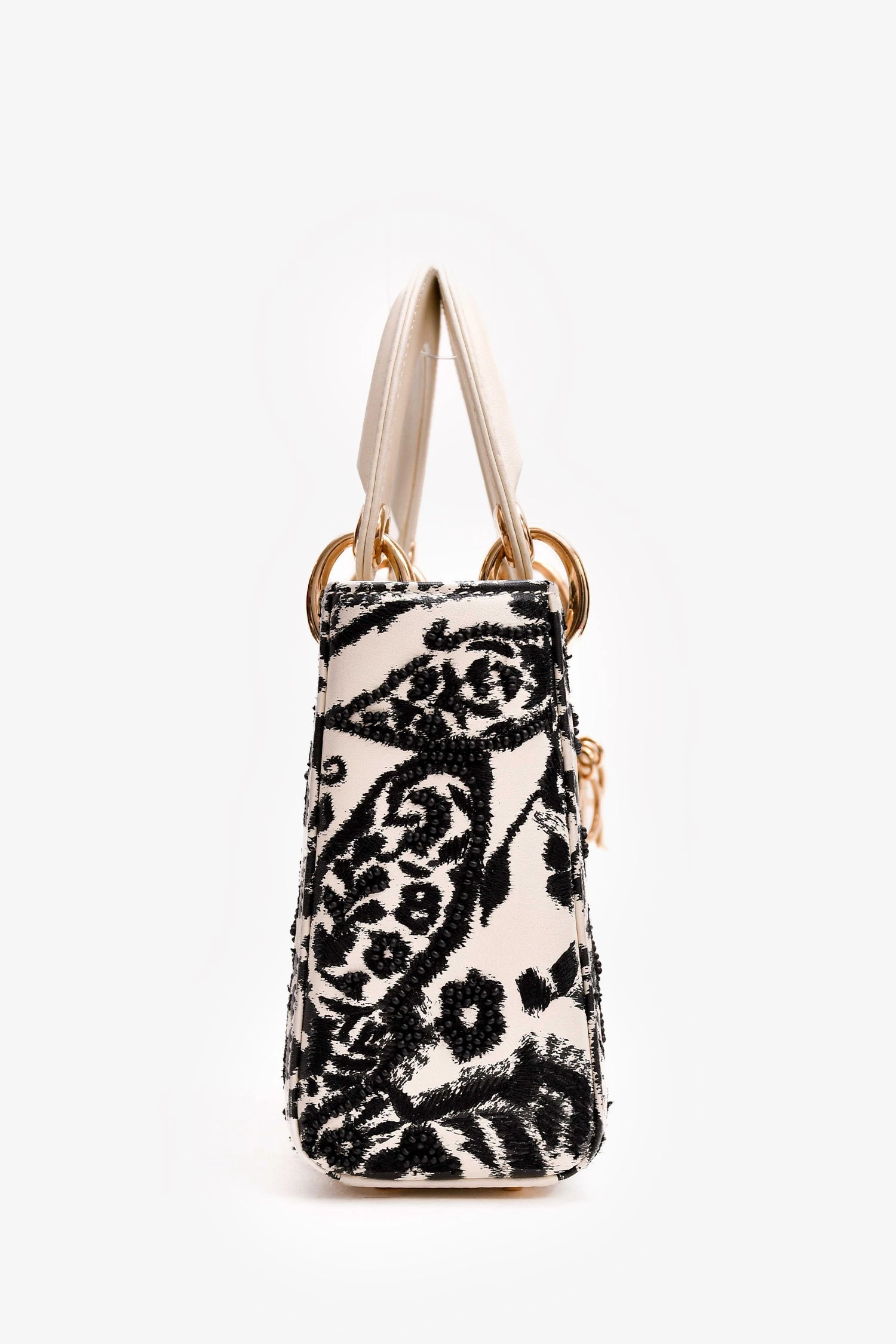Christian Dior 2018 White/Black Leather Embellished Floral Print Lady Dior Bag With Strap (As is)