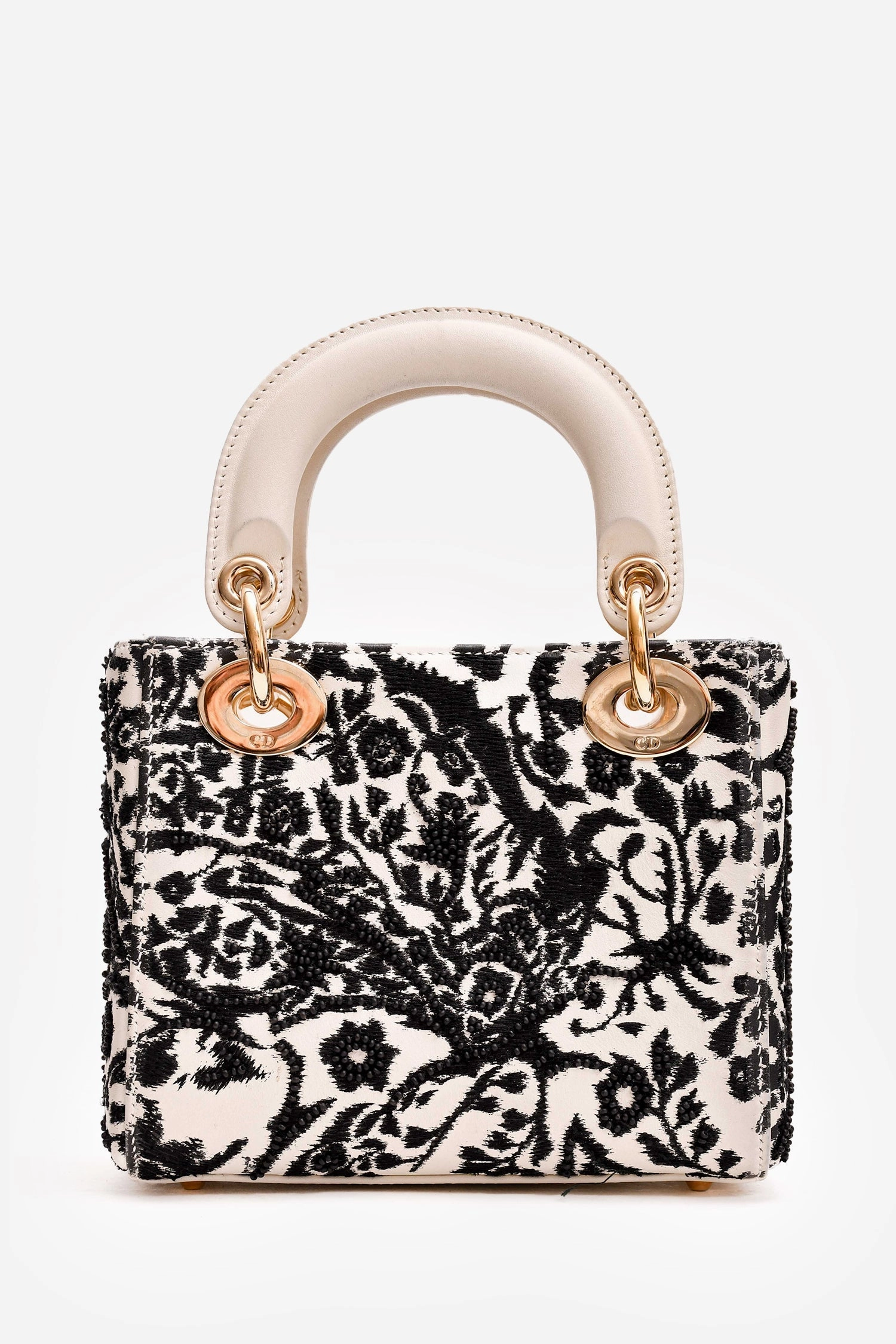 Christian Dior 2018 White/Black Leather Embellished Floral Print Lady Dior Bag With Strap (As is)