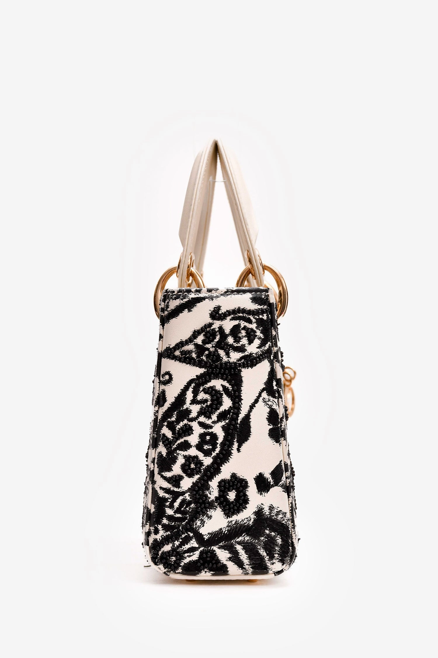 Christian Dior 2018 White/Black Leather Embellished Floral Print Lady Dior Bag With Strap (As is)