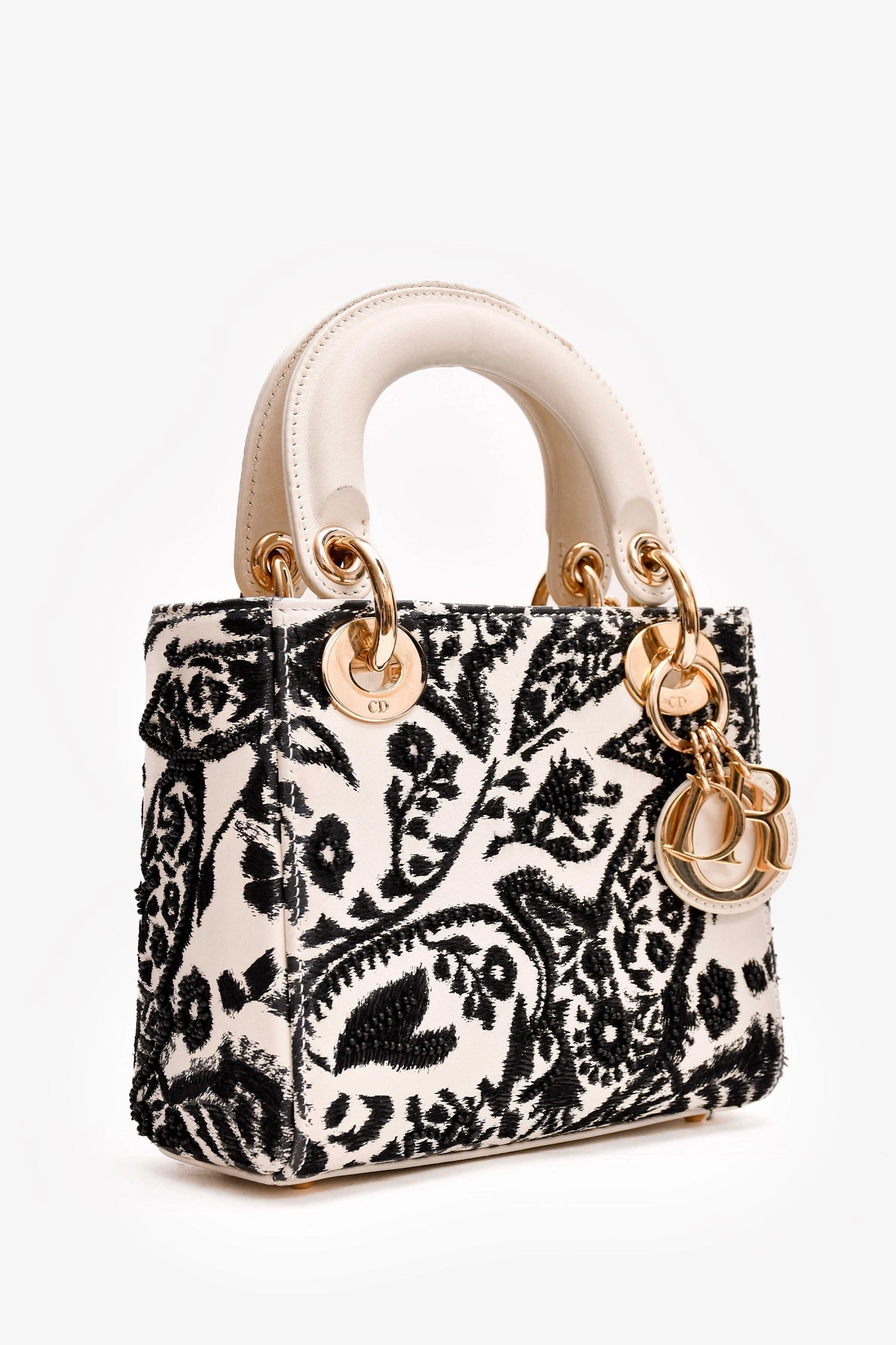 Christian Dior 2018 White/Black Leather Embellished Floral Print Lady Dior Bag With Strap (As is)