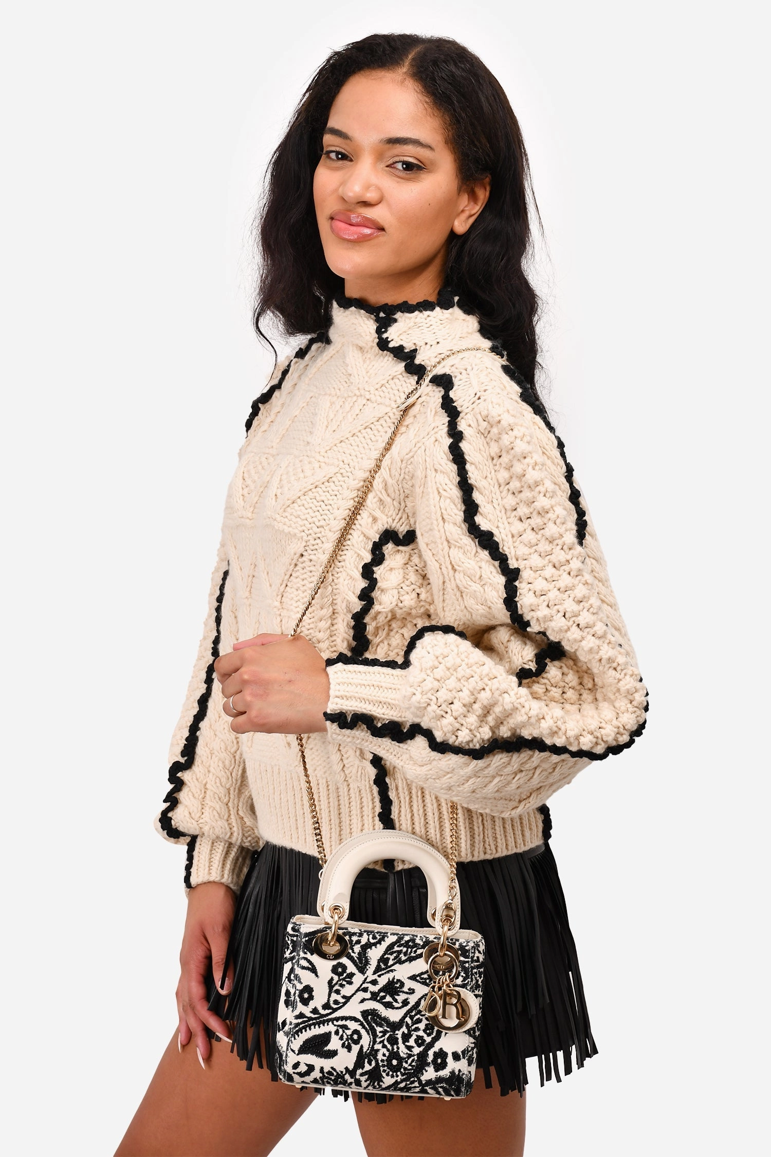 Christian Dior 2018 White/Black Leather Embellished Floral Print Lady Dior Bag With Strap (As is)