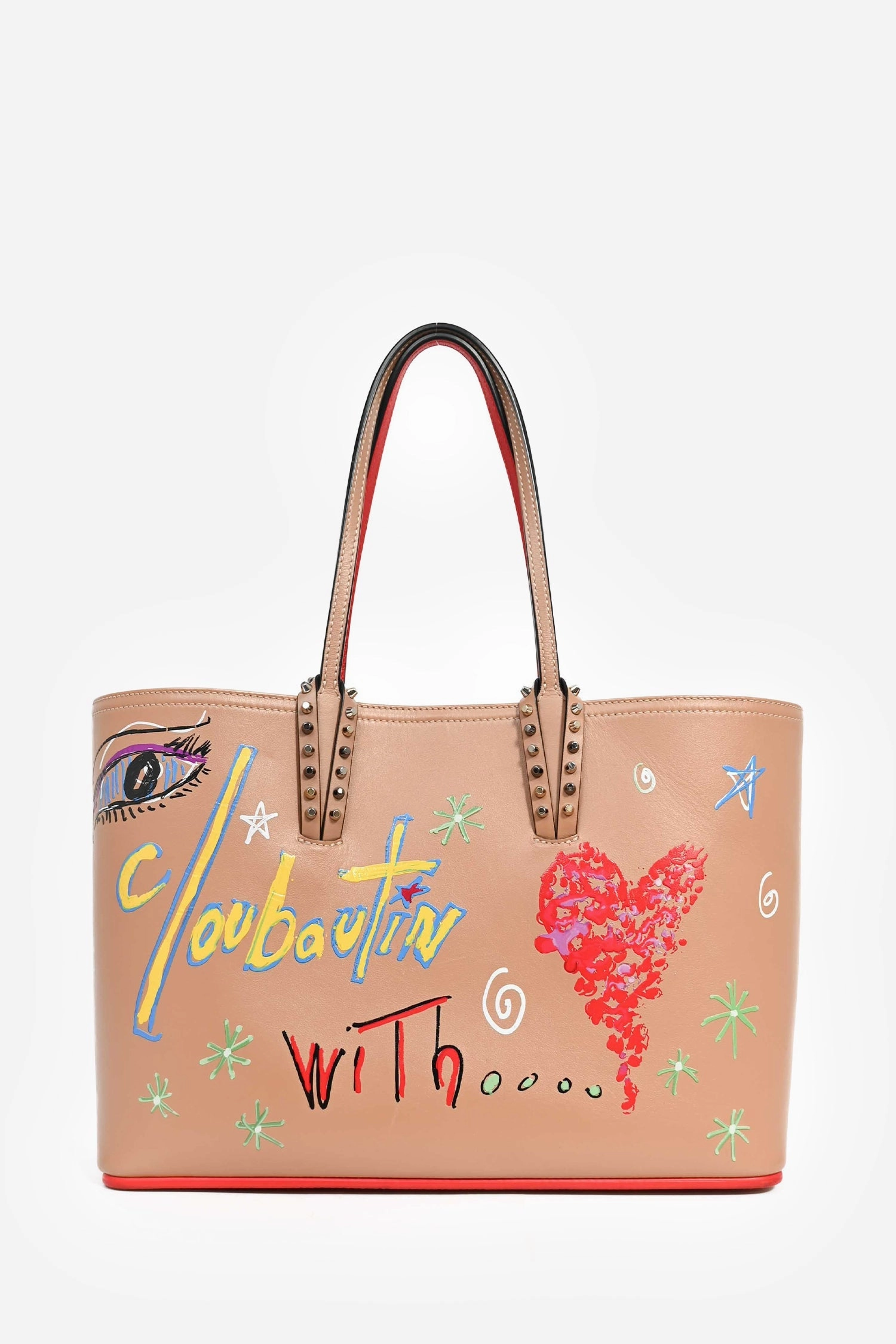 Christian Louboutin Tan Leather Graffiti 'Cabata' Tote Bag with Pouch