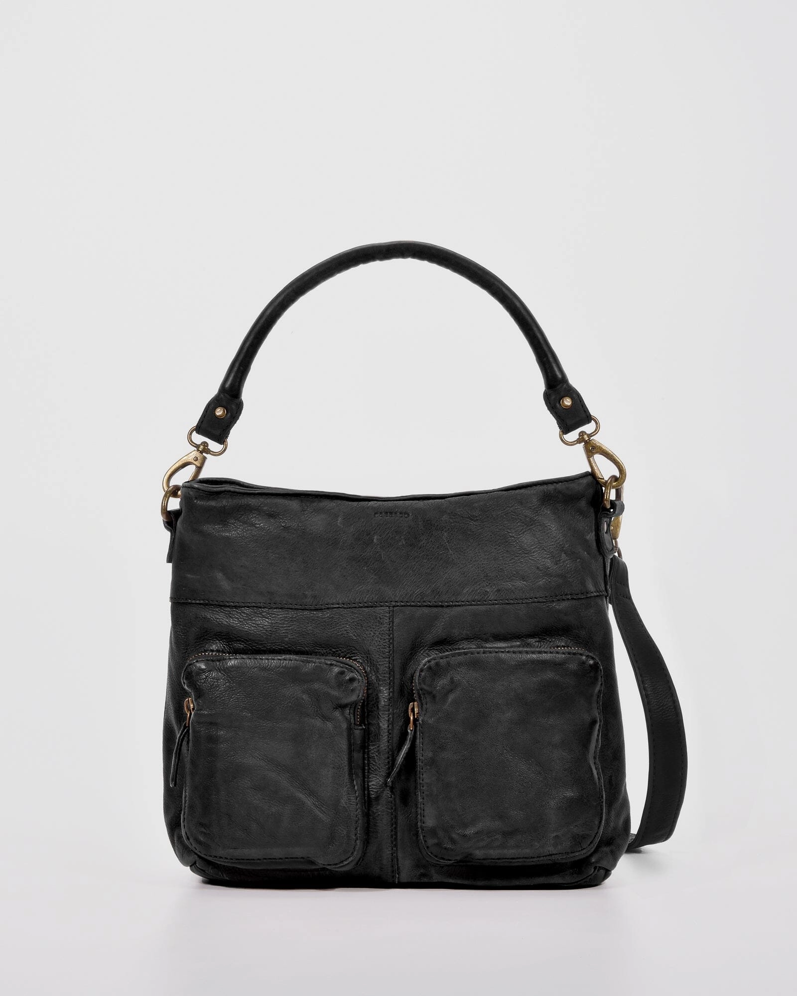 COBB & CO Morley Washed Leather Hobo w/ Crossbody Strap Black