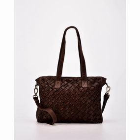 COBB & CO Stafford Leather Plaited Woven Tote Chocolate Brown