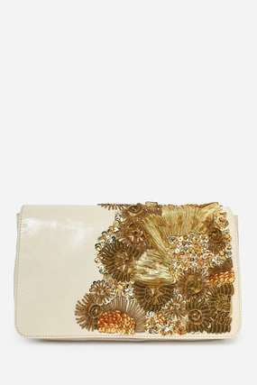 Dries Van Noten Cream Patent Leather Gold Sequin Embellished Flap Clutch With Chain