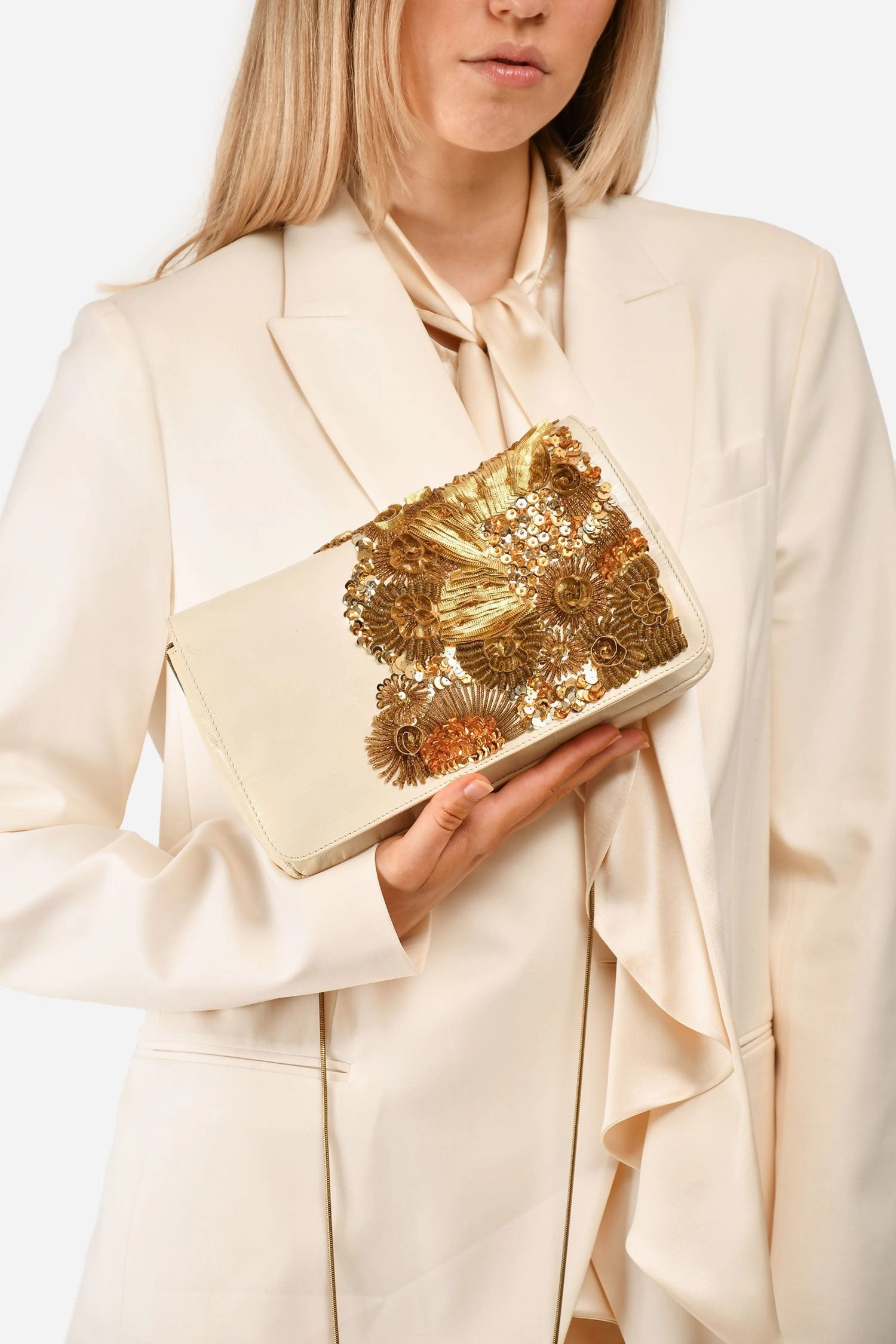 Dries Van Noten Cream Patent Leather Gold Sequin Embellished Flap Clutch With Chain