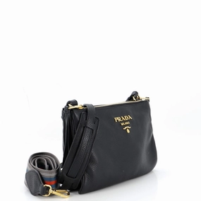 Dual Strap Double Zip Crossbody Bag Vitello Daino Small