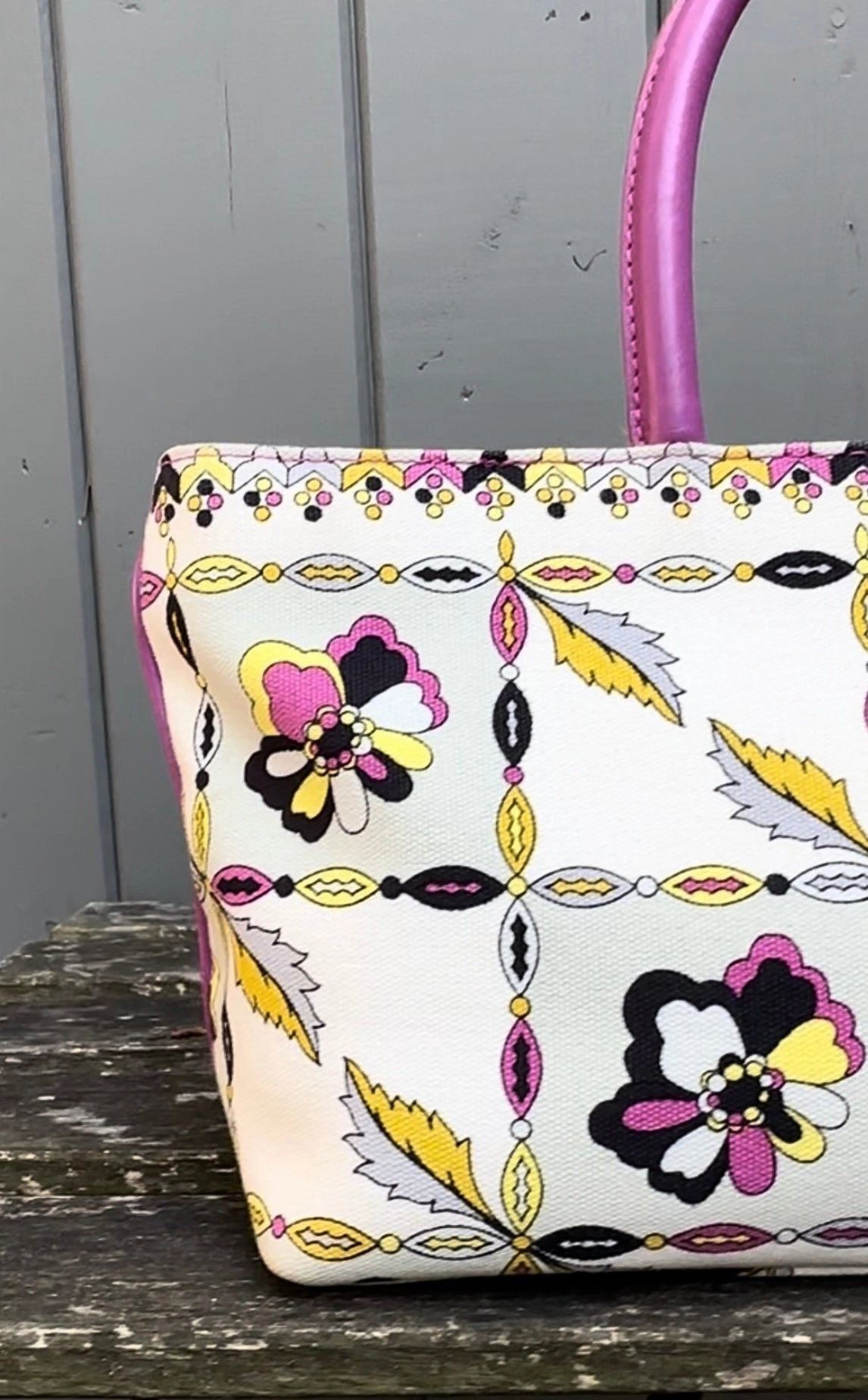 EMILIO PUCCI Vintage Floral Print Canvas Leather Top Handle Tote