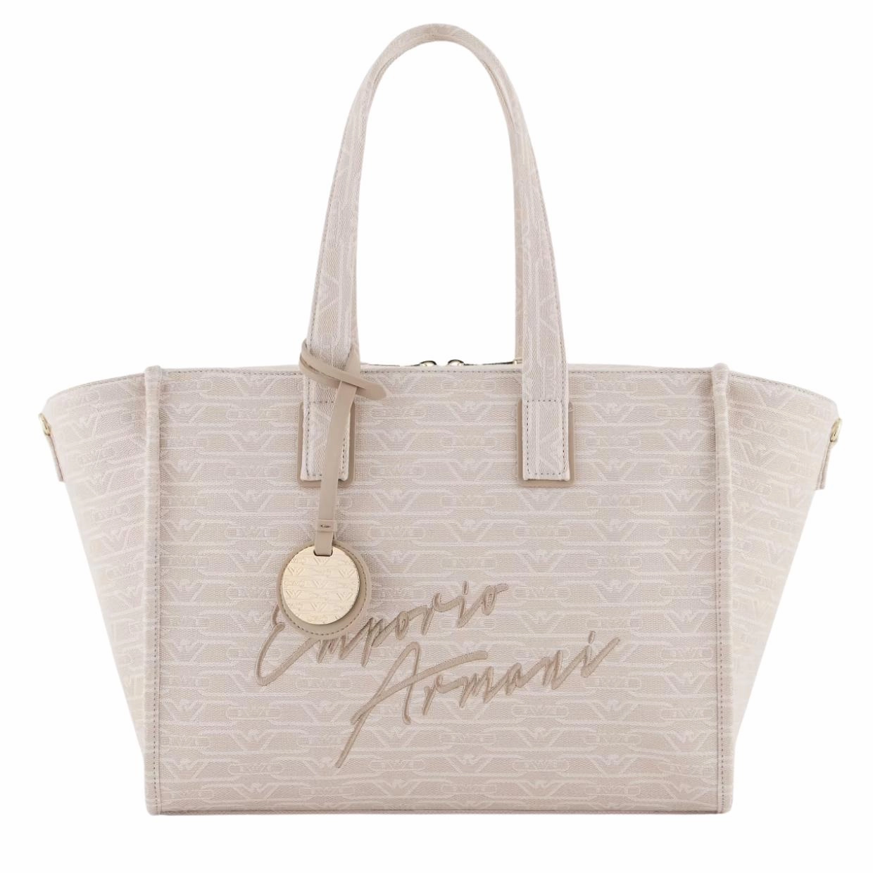 Emporio Armani Medium Jacquard All-Over Monogram Beige Tote Bag
