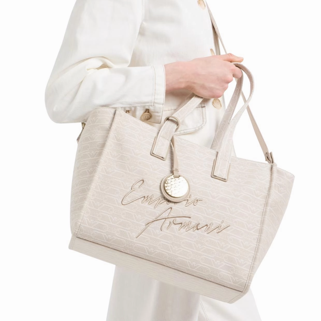 Emporio Armani Medium Jacquard All-Over Monogram Beige Tote Bag