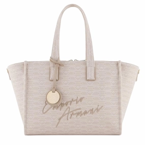 Emporio Armani Medium Jacquard All-Over Monogram Beige Tote Bag