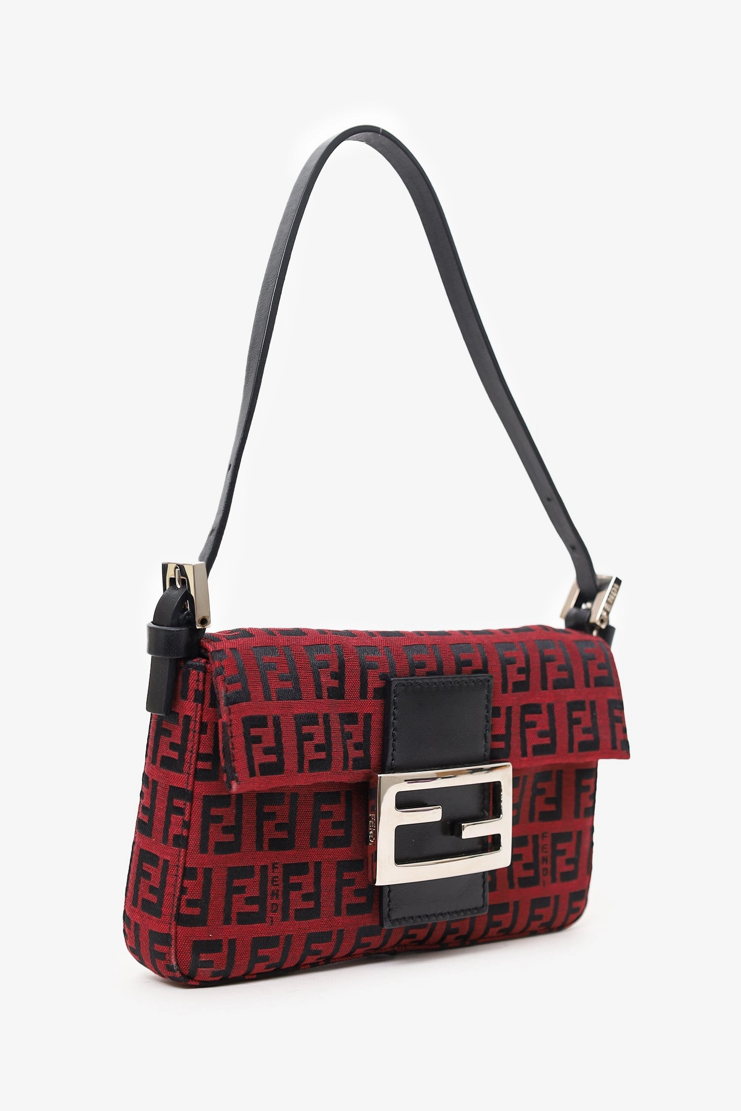 Fendi Black/Red Canvas Zucchino Baguette Shoulder Bag