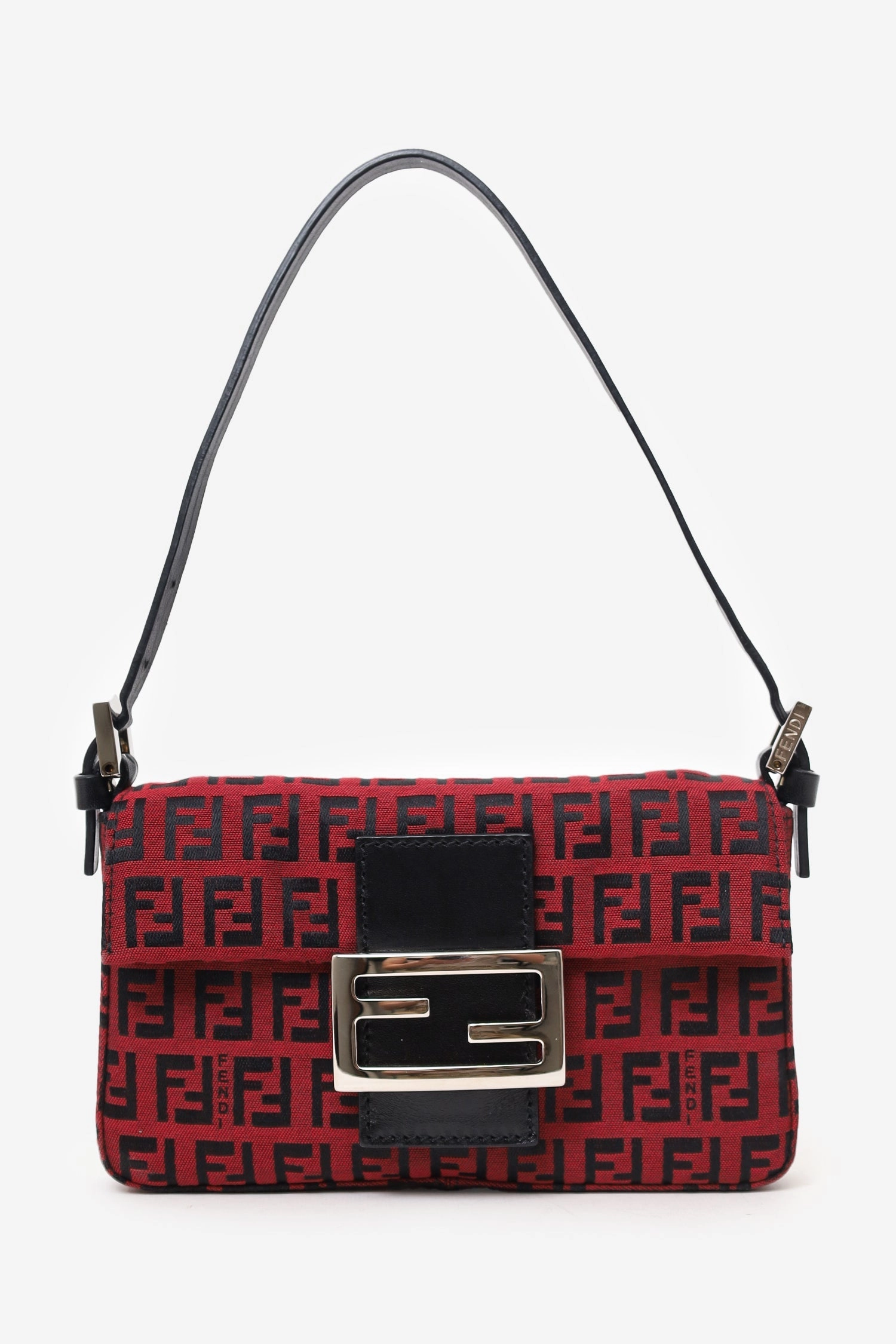 Fendi Black/Red Canvas Zucchino Baguette Shoulder Bag