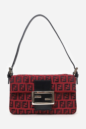 Fendi Black/Red Canvas Zucchino Baguette Shoulder Bag