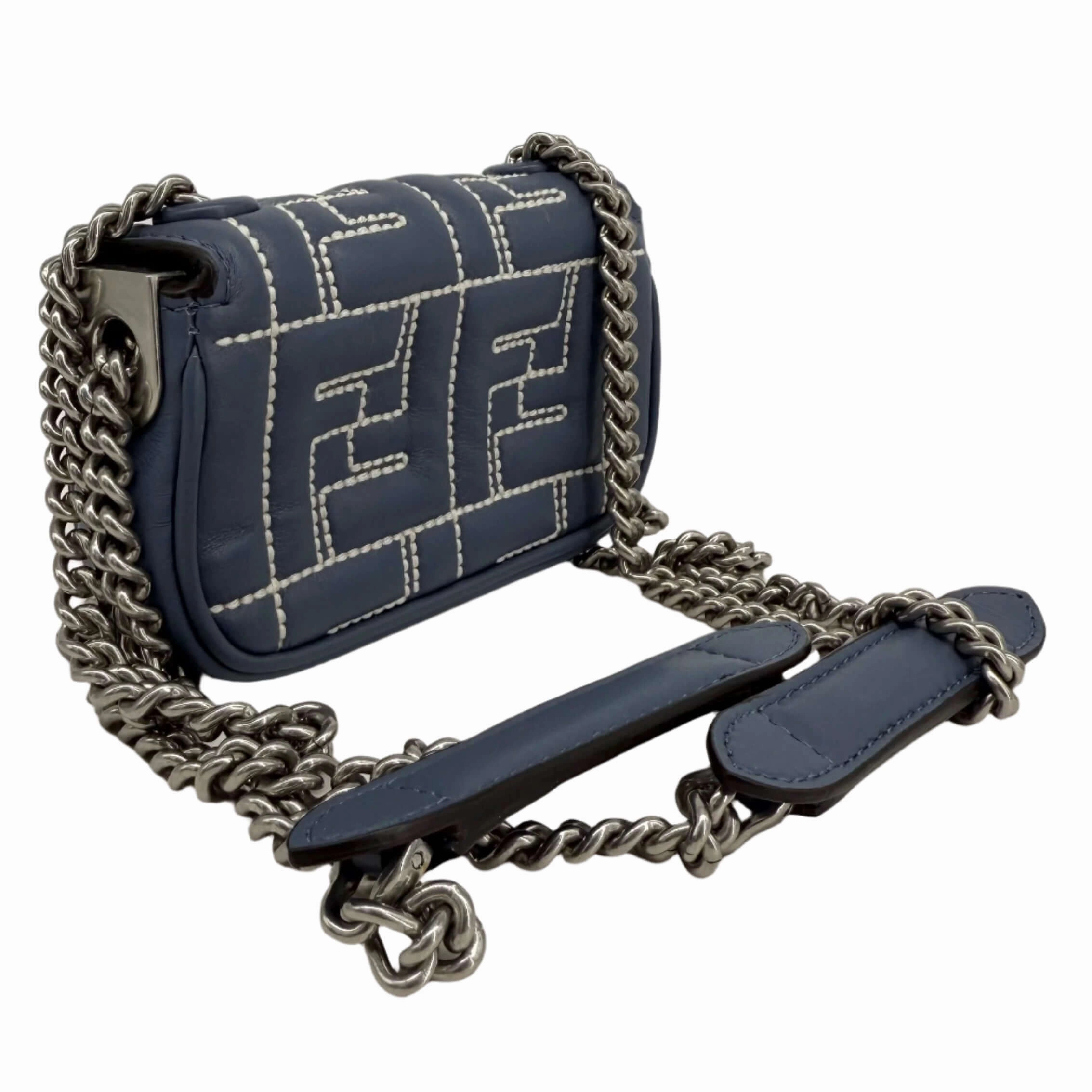 Fendi Blue Embossed Stitched Leather Nano Baguette Chain Crossbody Bag   Pre-Owned
