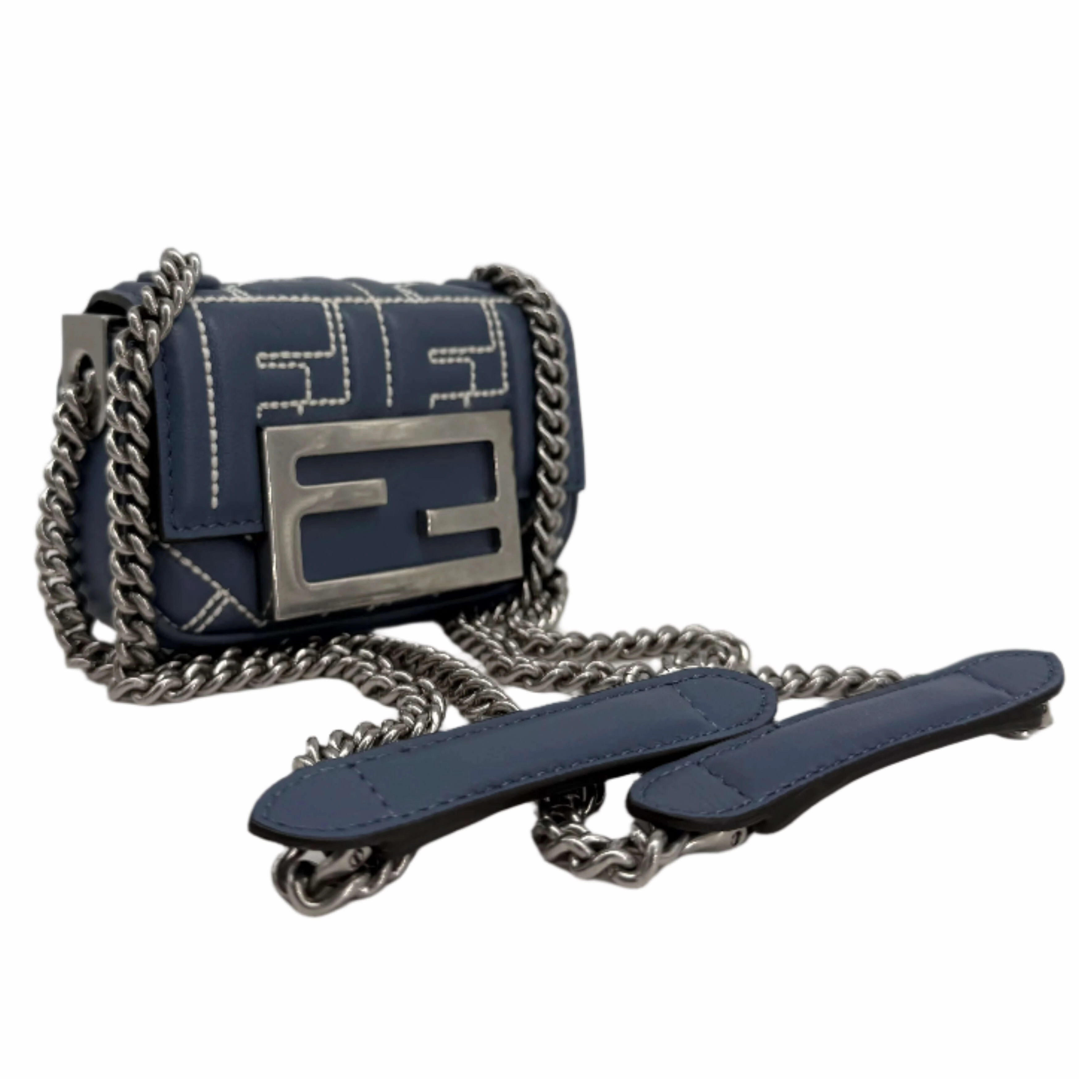 Fendi Blue Embossed Stitched Leather Nano Baguette Chain Crossbody Bag   Pre-Owned