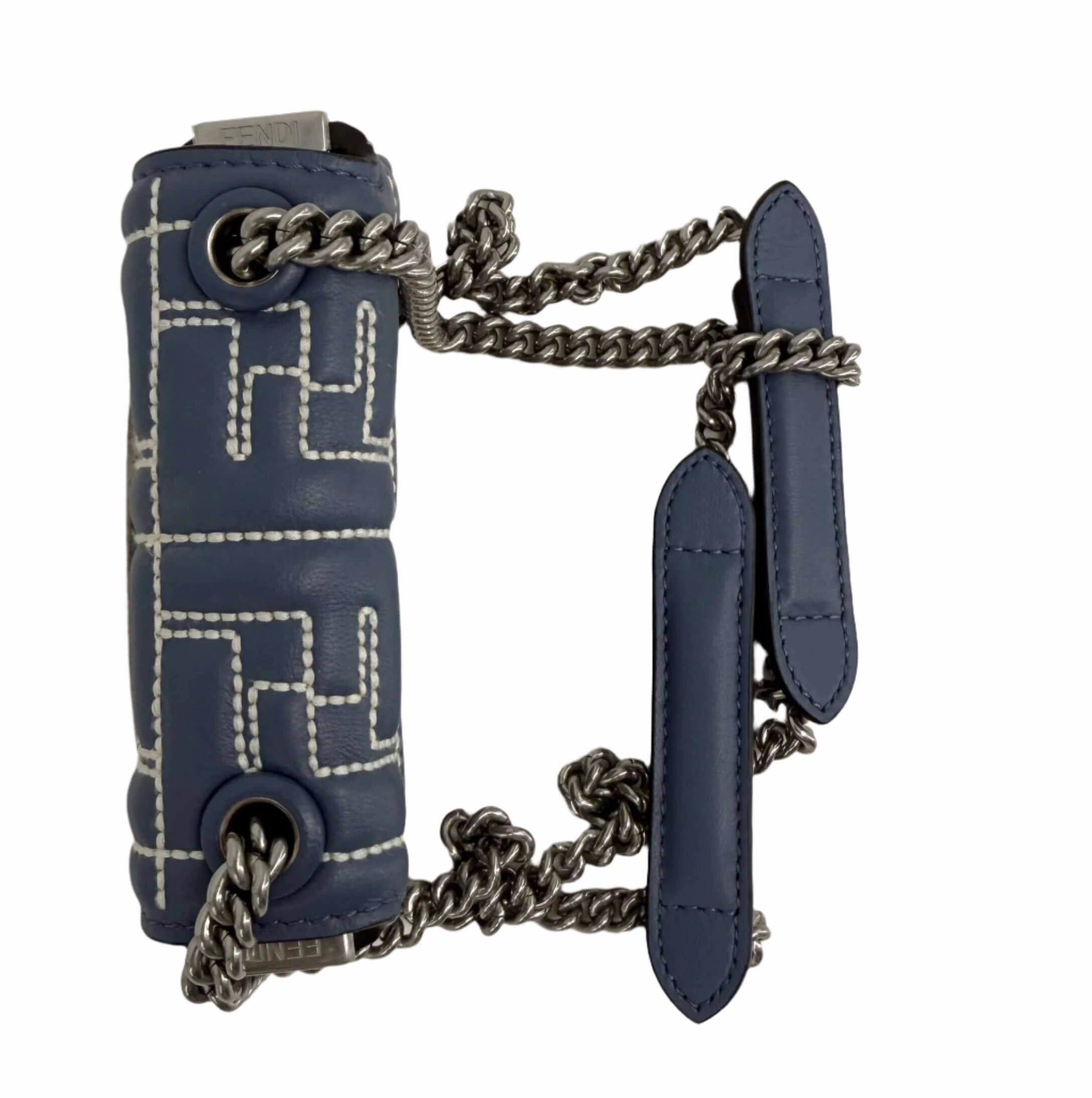 Fendi Blue Embossed Stitched Leather Nano Baguette Chain Crossbody Bag   Pre-Owned
