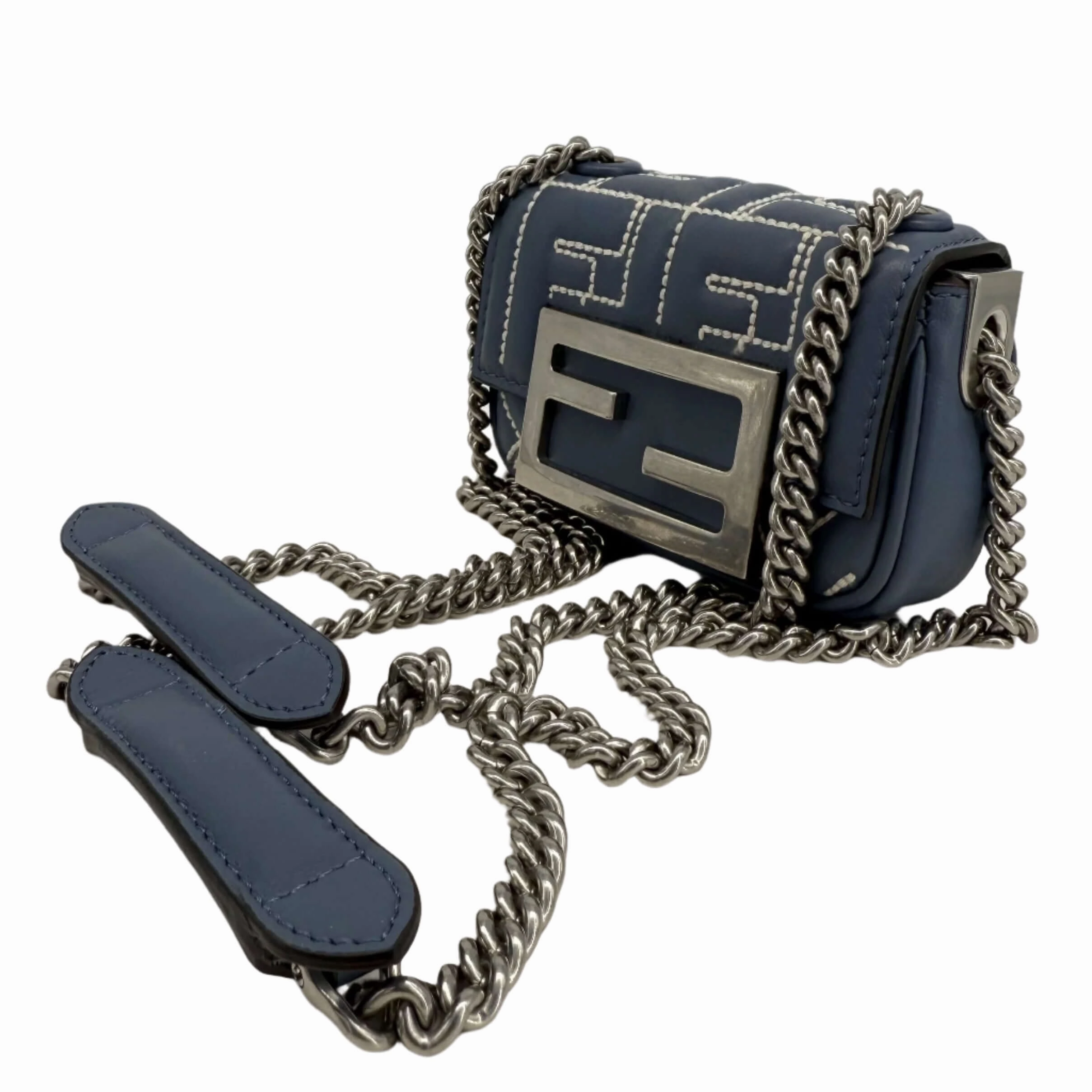 Fendi Blue Embossed Stitched Leather Nano Baguette Chain Crossbody Bag   Pre-Owned