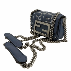 Fendi Blue Embossed Stitched Leather Nano Baguette Chain Crossbody Bag   Pre-Owned
