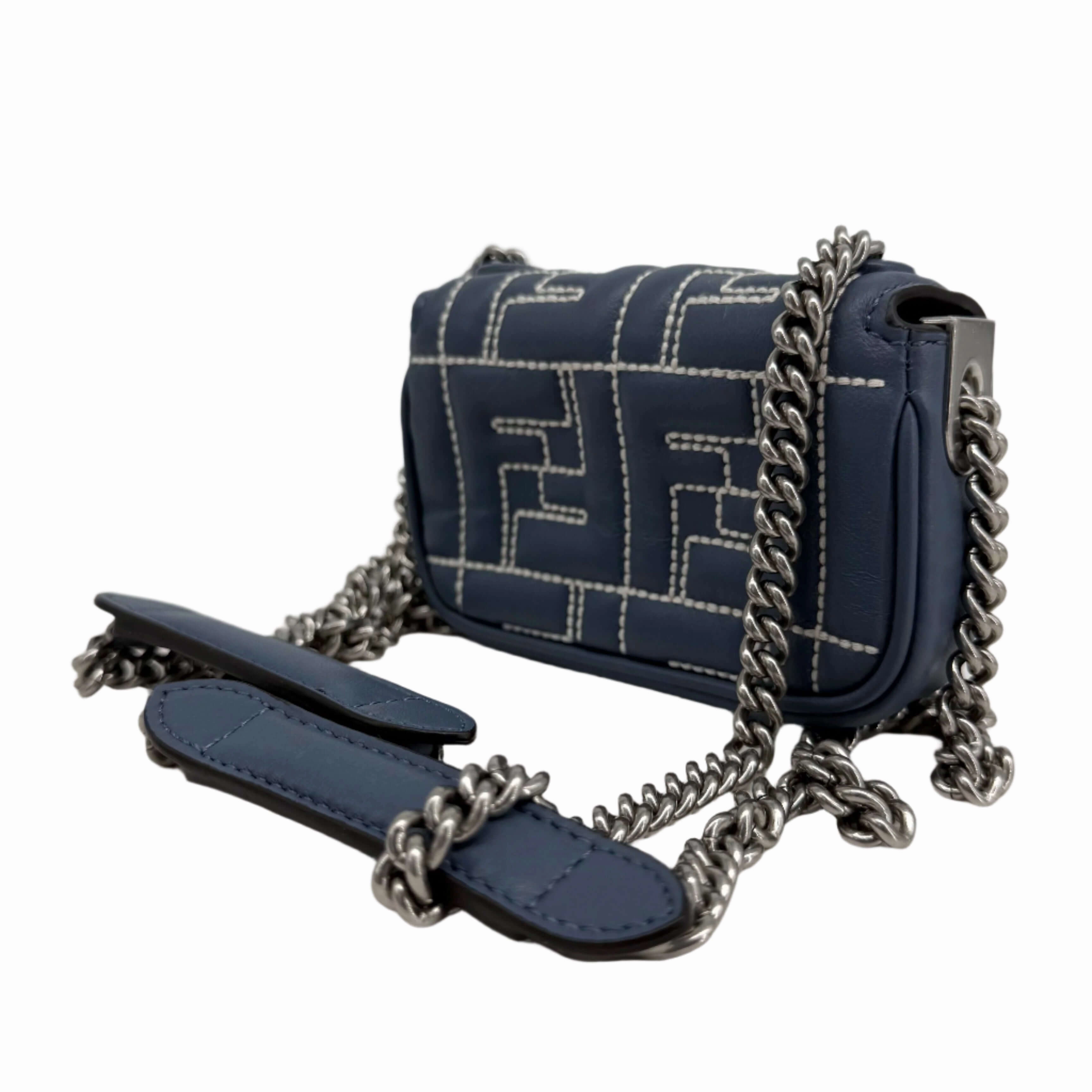 Fendi Blue Embossed Stitched Leather Nano Baguette Chain Crossbody Bag   Pre-Owned