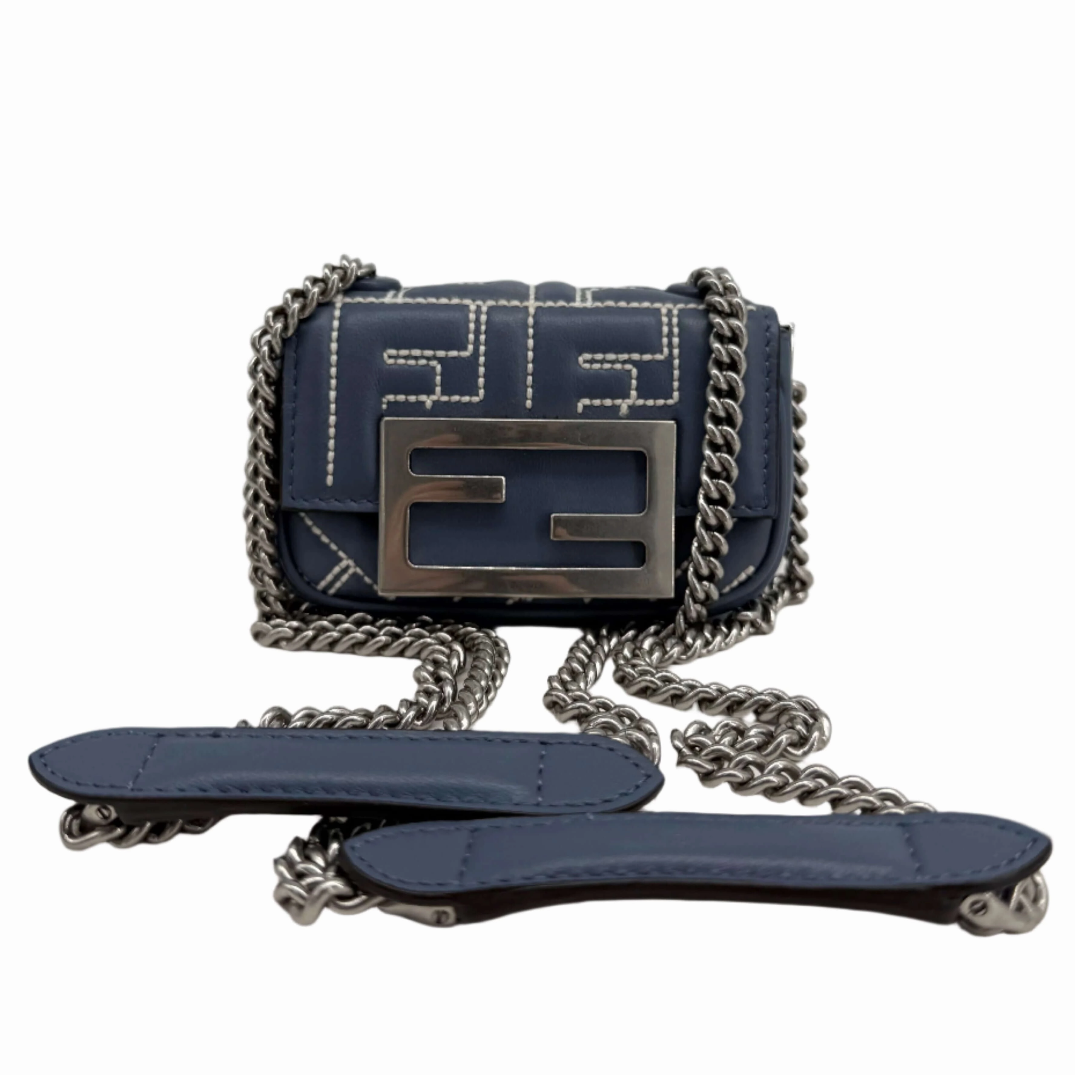 Fendi Blue Embossed Stitched Leather Nano Baguette Chain Crossbody Bag   Pre-Owned