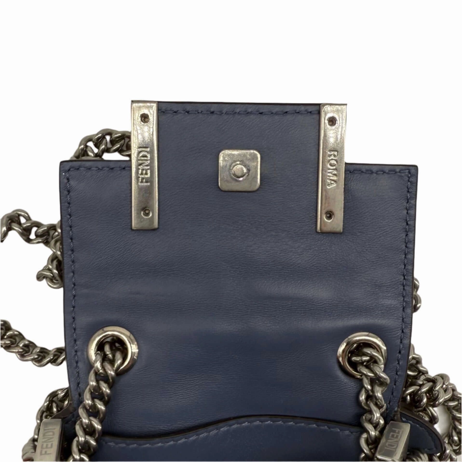 Fendi Blue Embossed Stitched Leather Nano Baguette Chain Crossbody Bag   Pre-Owned