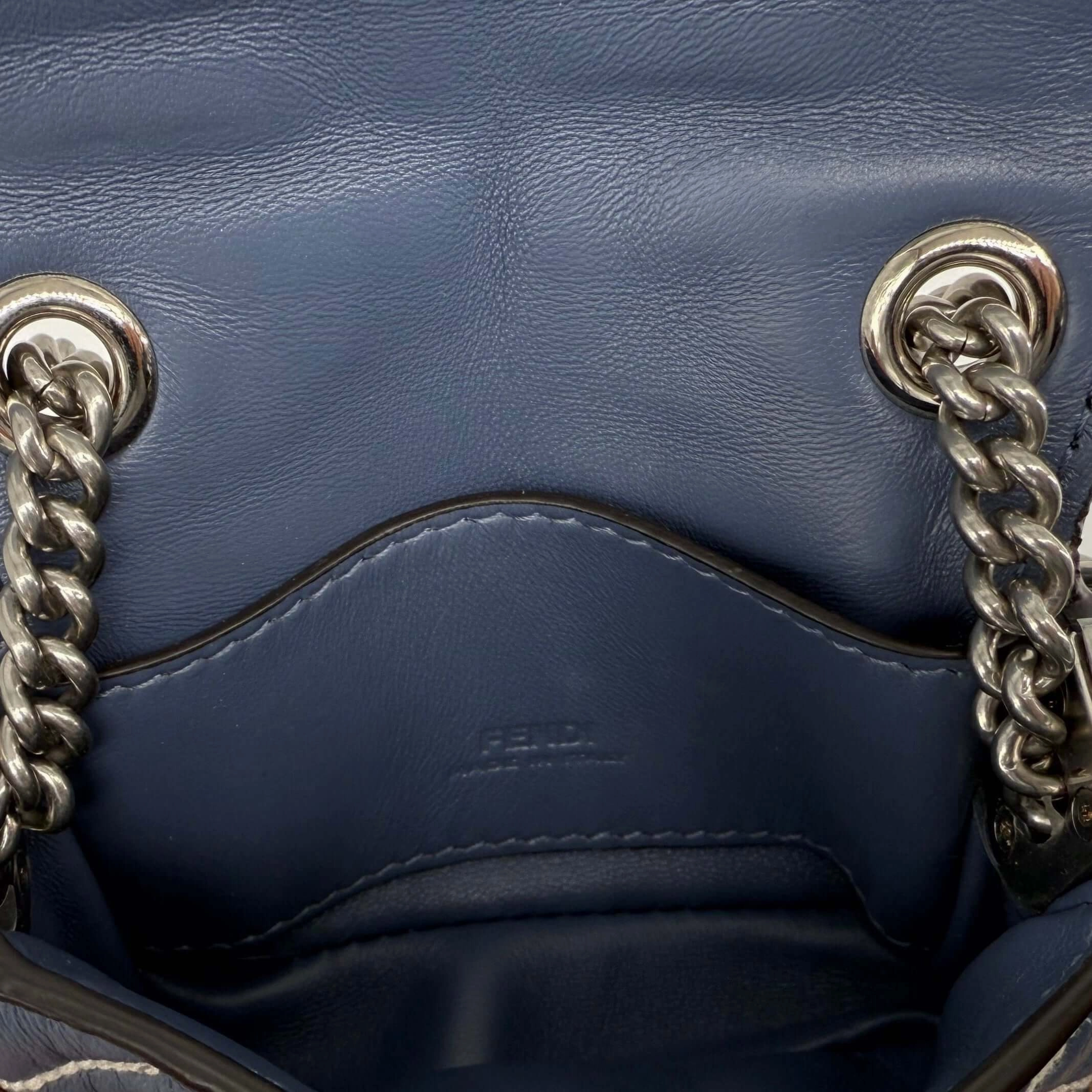 Fendi Blue Embossed Stitched Leather Nano Baguette Chain Crossbody Bag   Pre-Owned