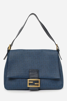 Fendi Blue Zucchino Coated Canvas Mama Baguette Shoulder Bag