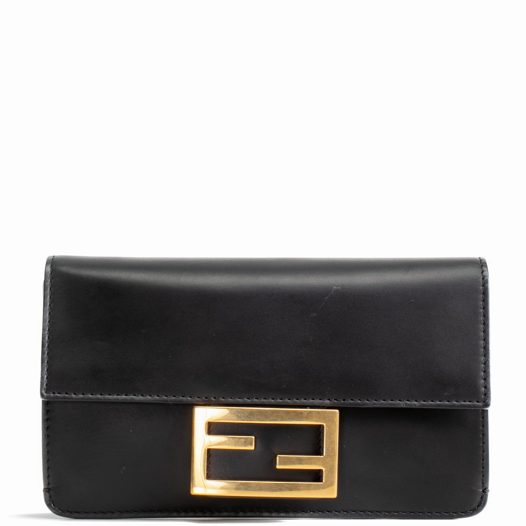 FENDI Flat Baguette Leather Mini Crossbody- Black