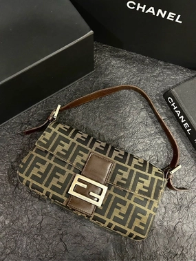 Fendi Monogram Baguette Shoulder Bag Brown Canvas Medium