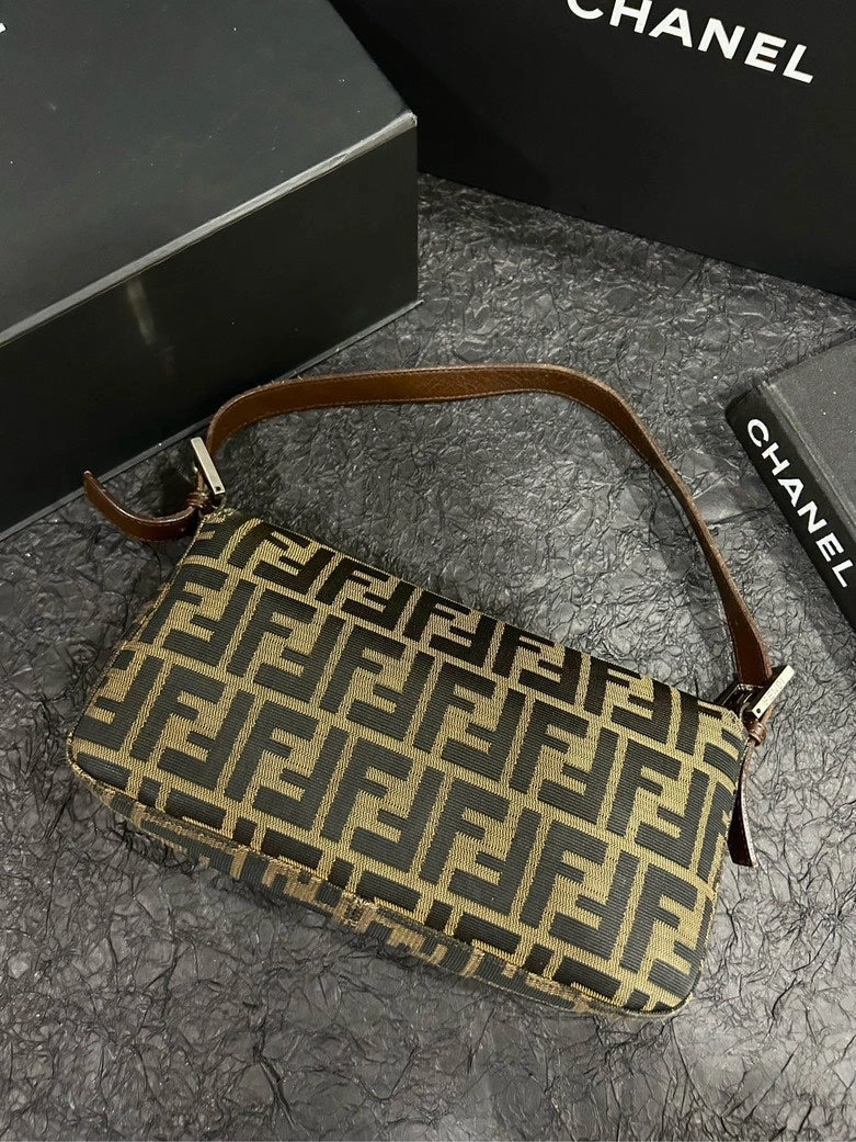 Fendi Monogram Baguette Shoulder Bag Brown Canvas Medium