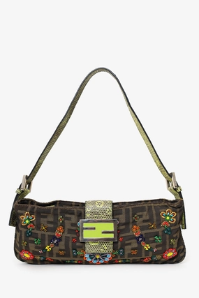 Fendi Multicolor Floral Beaded Zucca Canvas Lizard Trimmed Shoulder Bag