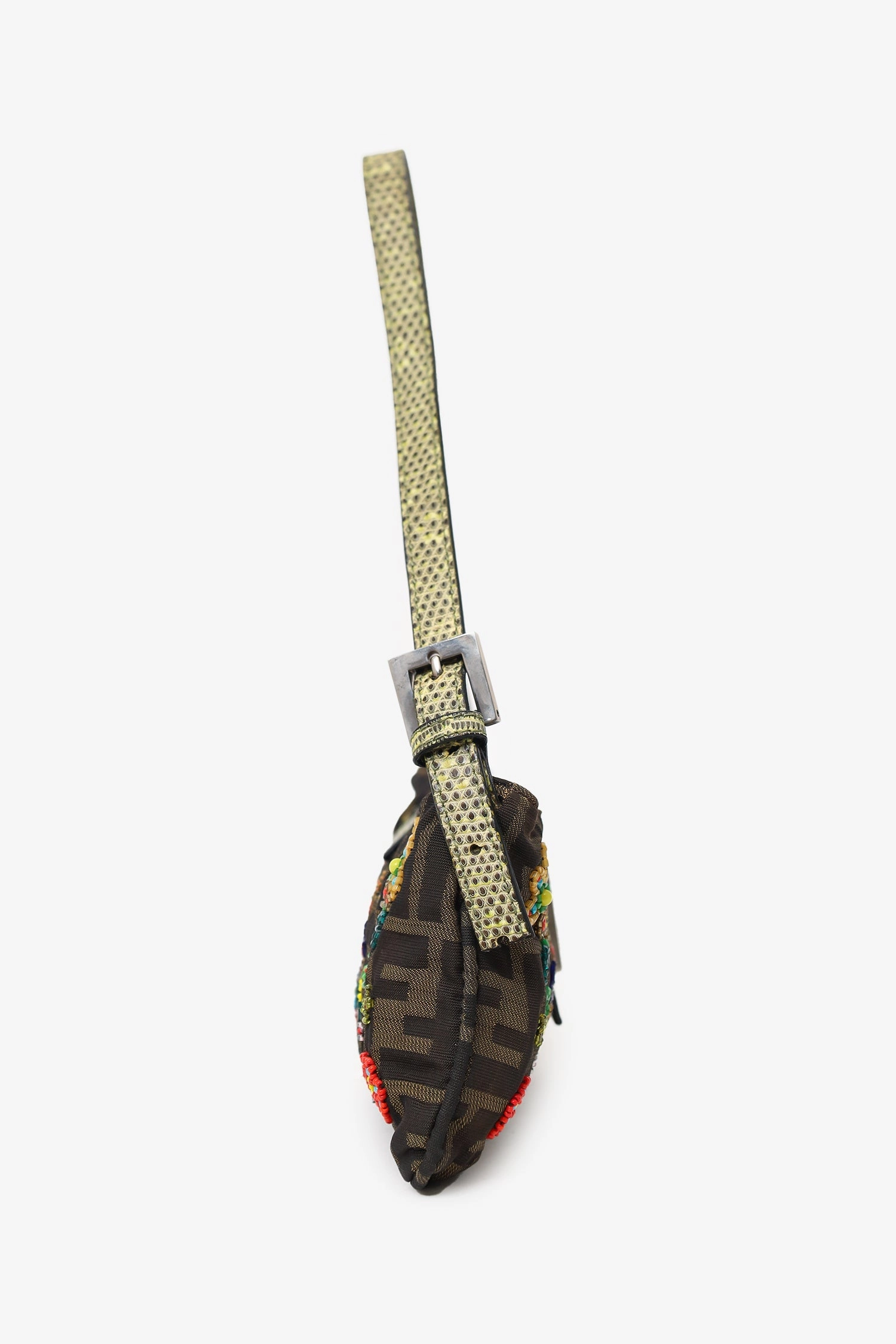 Fendi Multicolor Floral Beaded Zucca Canvas Lizard Trimmed Shoulder Bag