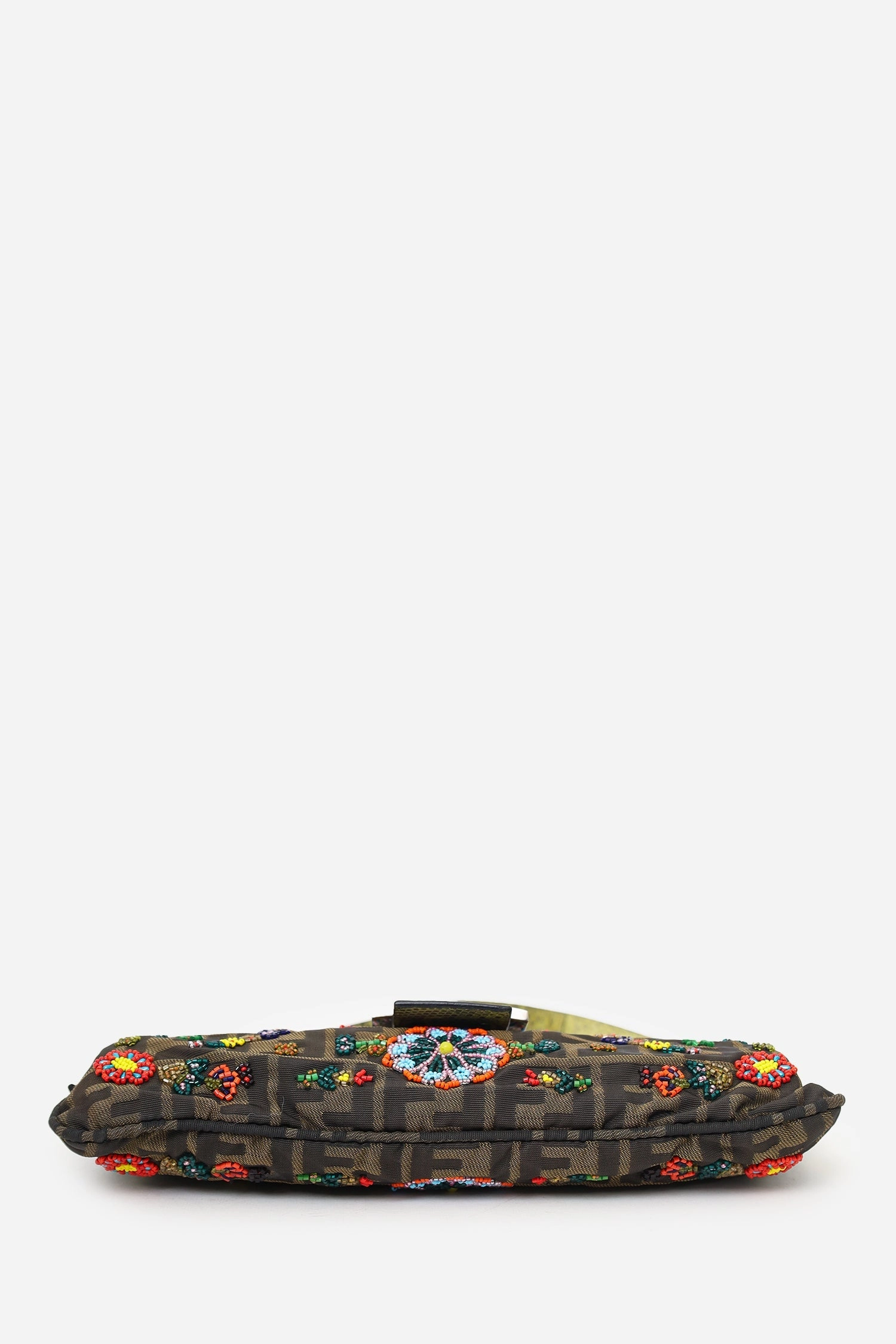 Fendi Multicolor Floral Beaded Zucca Canvas Lizard Trimmed Shoulder Bag
