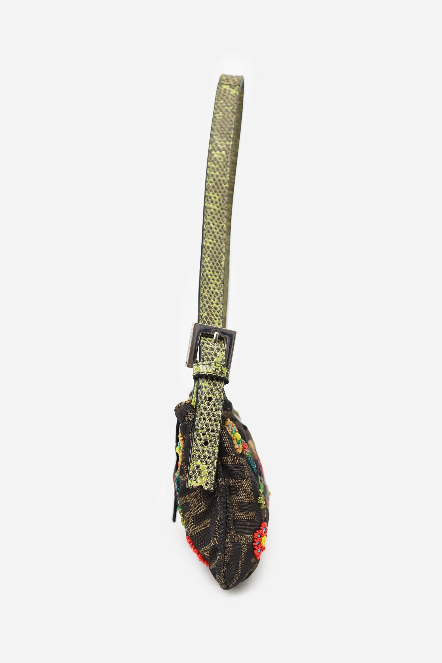 Fendi Multicolor Floral Beaded Zucca Canvas Lizard Trimmed Shoulder Bag