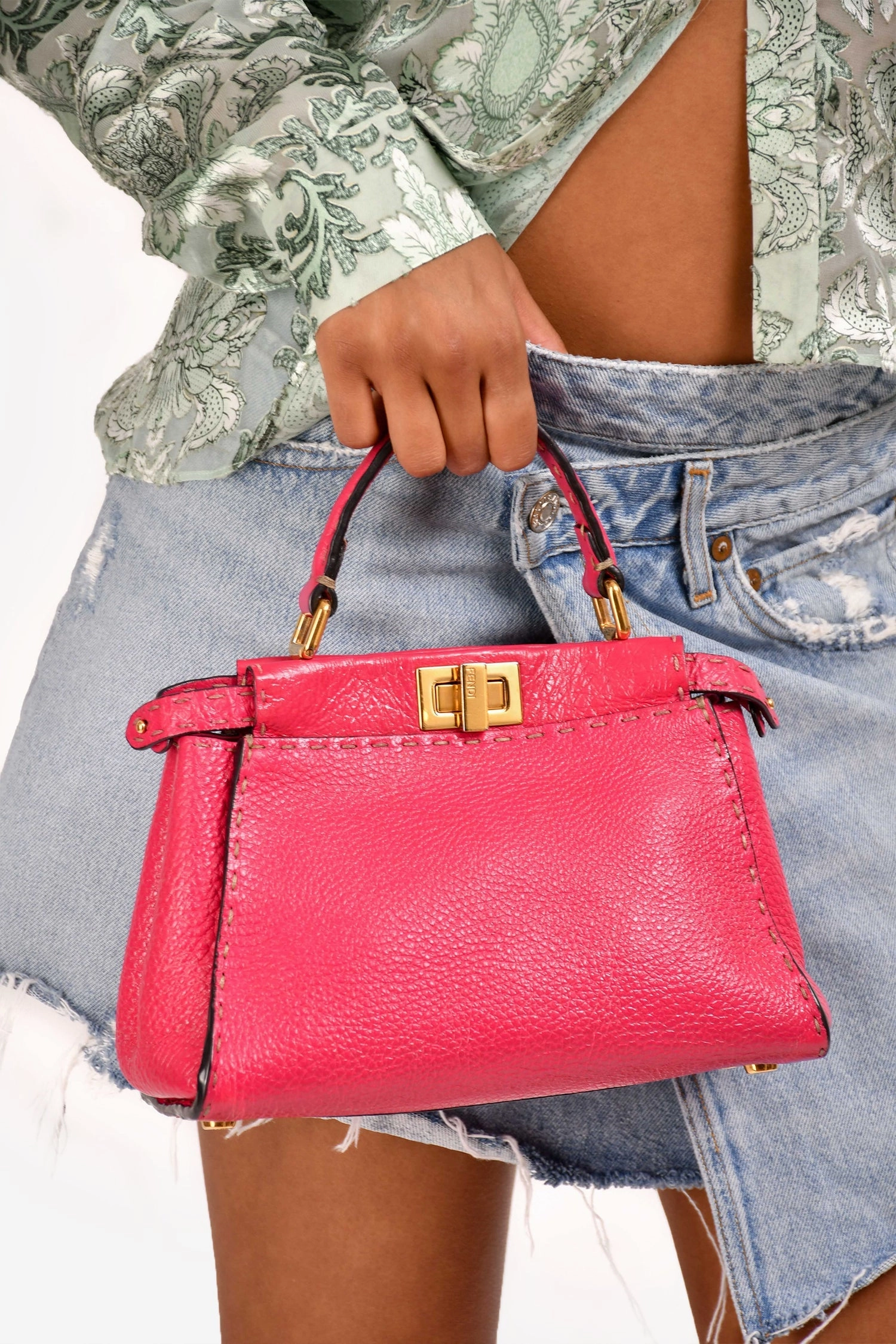 Fendi Pink Grained Leather Mini Selleria Peekaboo Top Handle with Strap