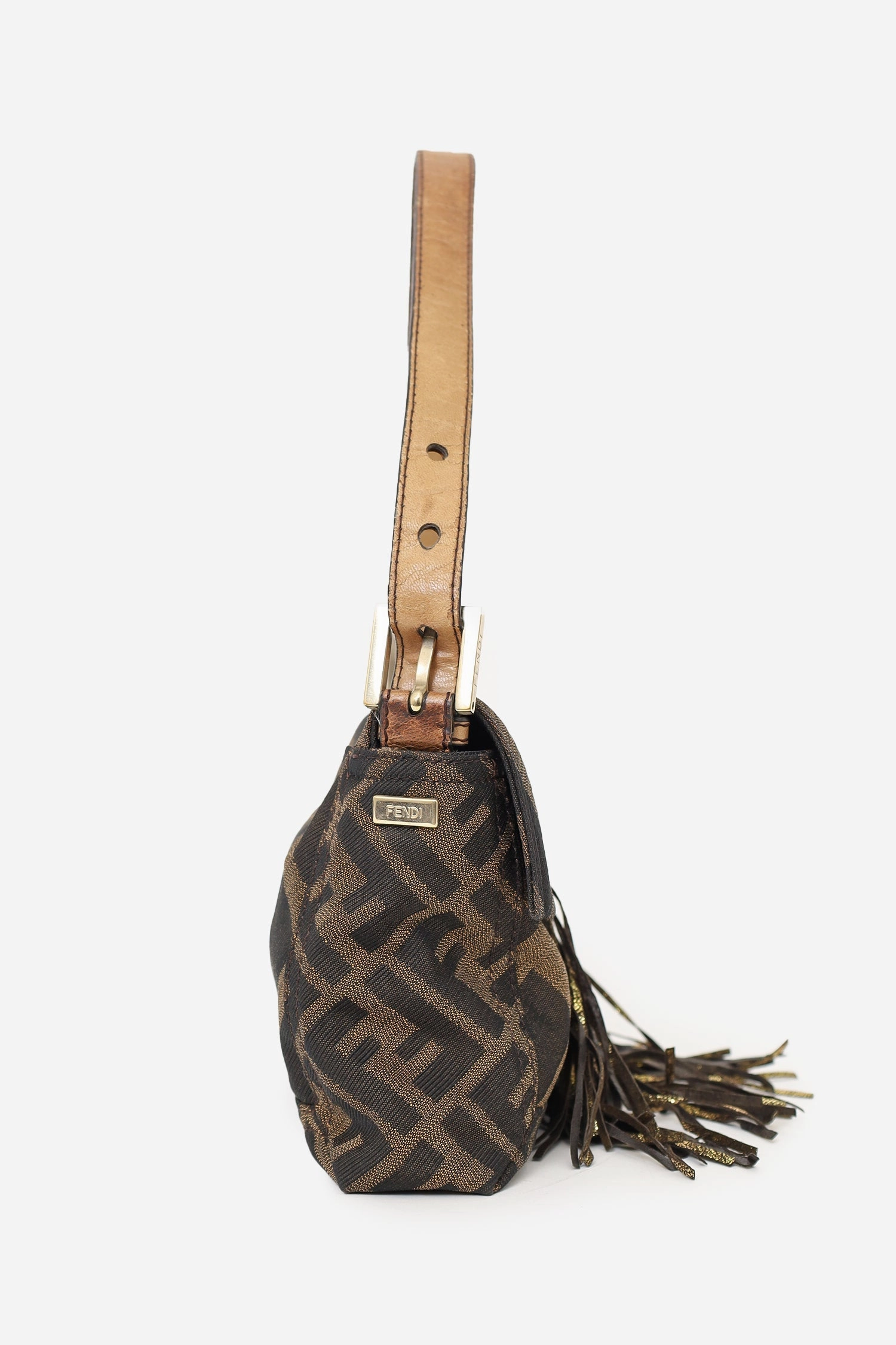 Fendi Tobacco Zucca Canvas Fringe Baguette Shoulder Bag