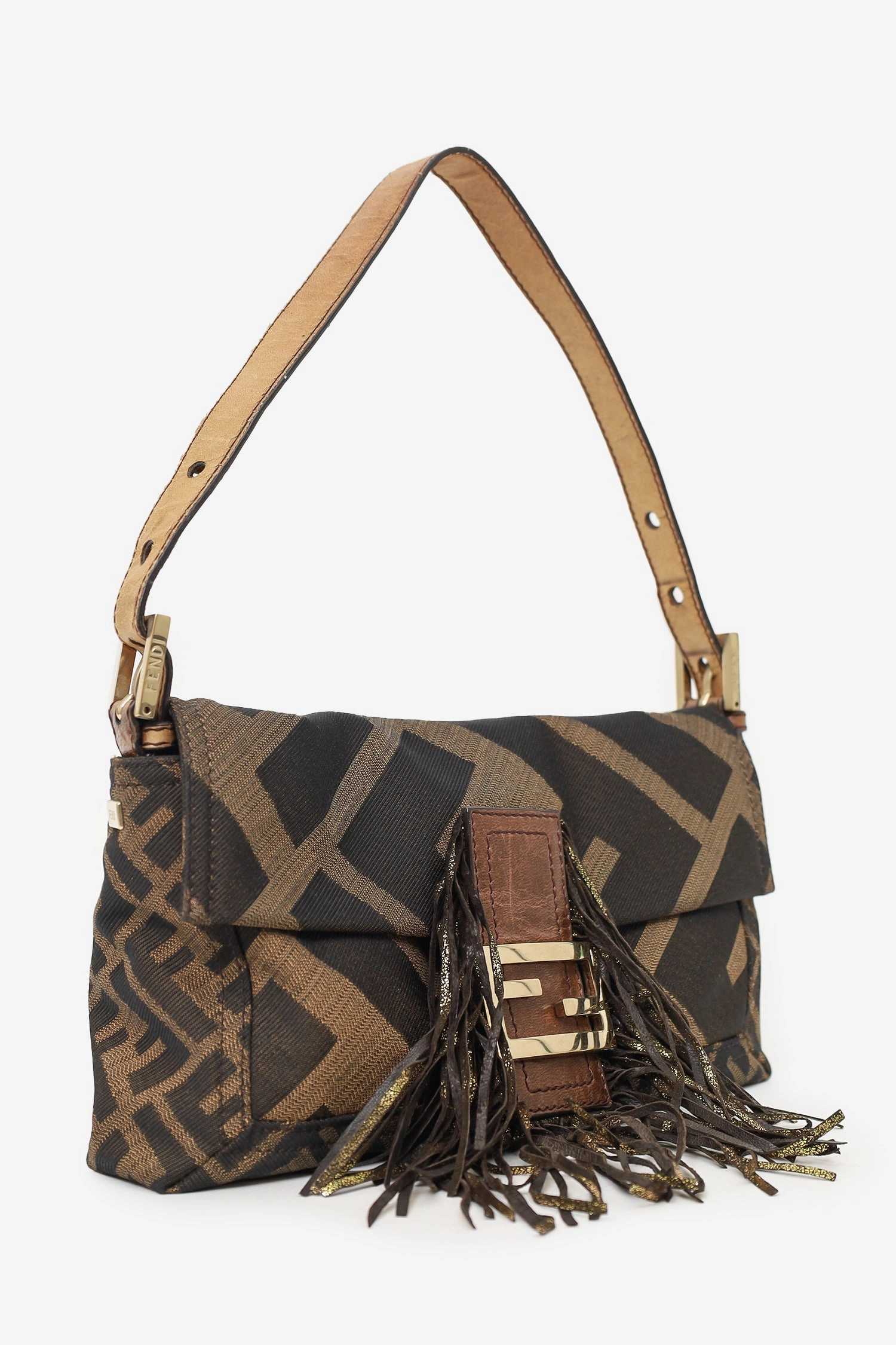 Fendi Tobacco Zucca Canvas Fringe Baguette Shoulder Bag