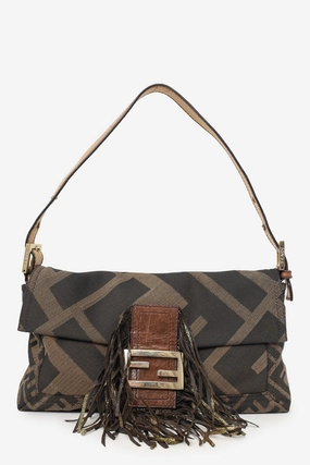 Fendi Tobacco Zucca Canvas Fringe Baguette Shoulder Bag