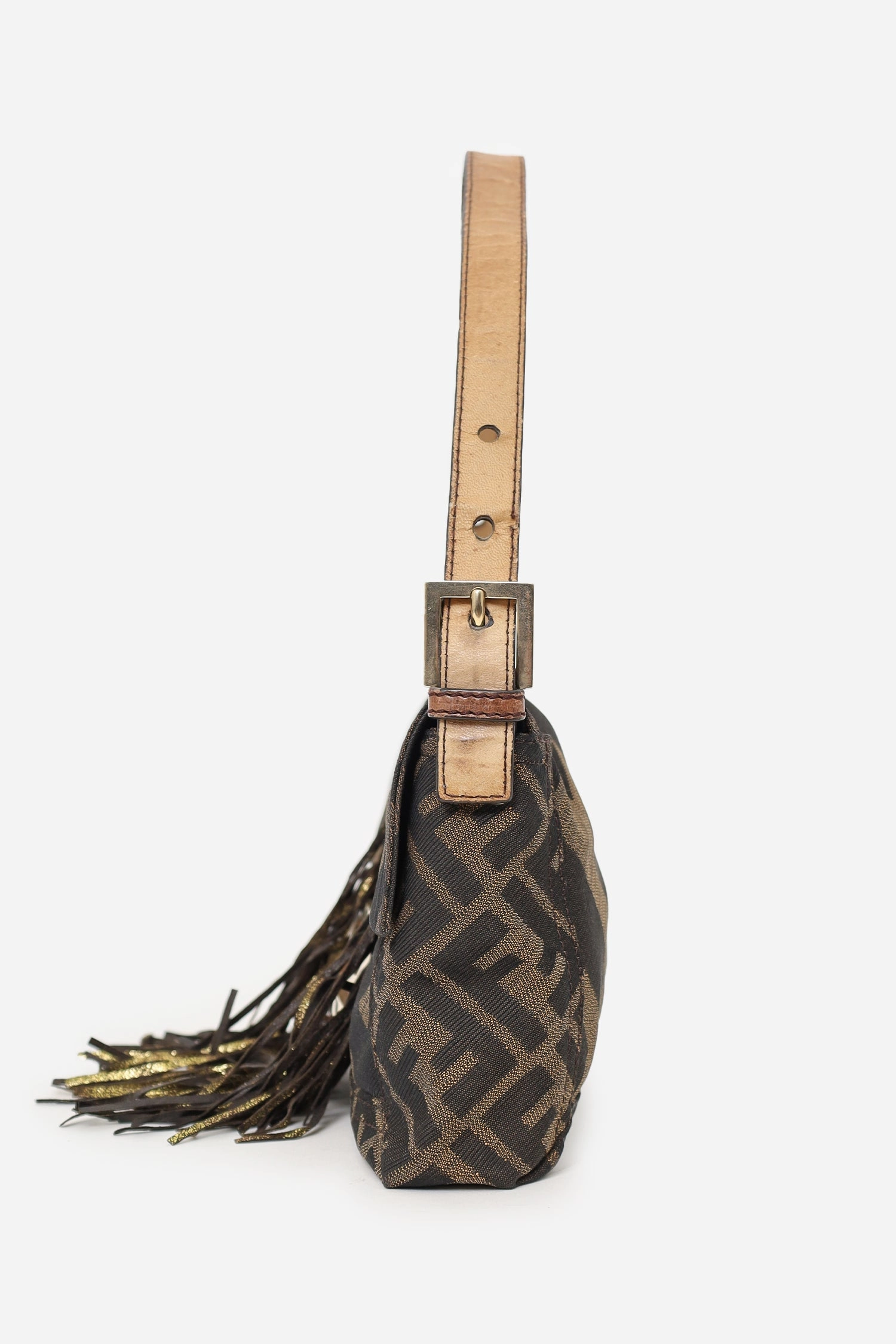 Fendi Tobacco Zucca Canvas Fringe Baguette Shoulder Bag