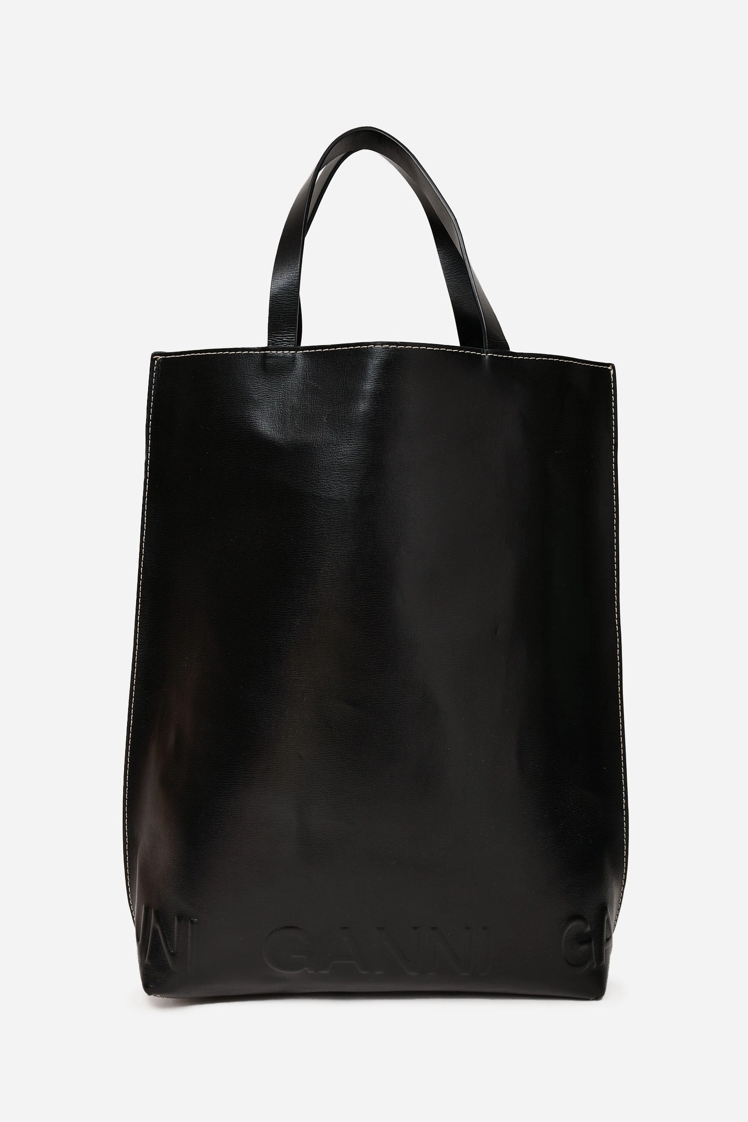 Ganni Black Leather Banner Tote With Canvas Strap