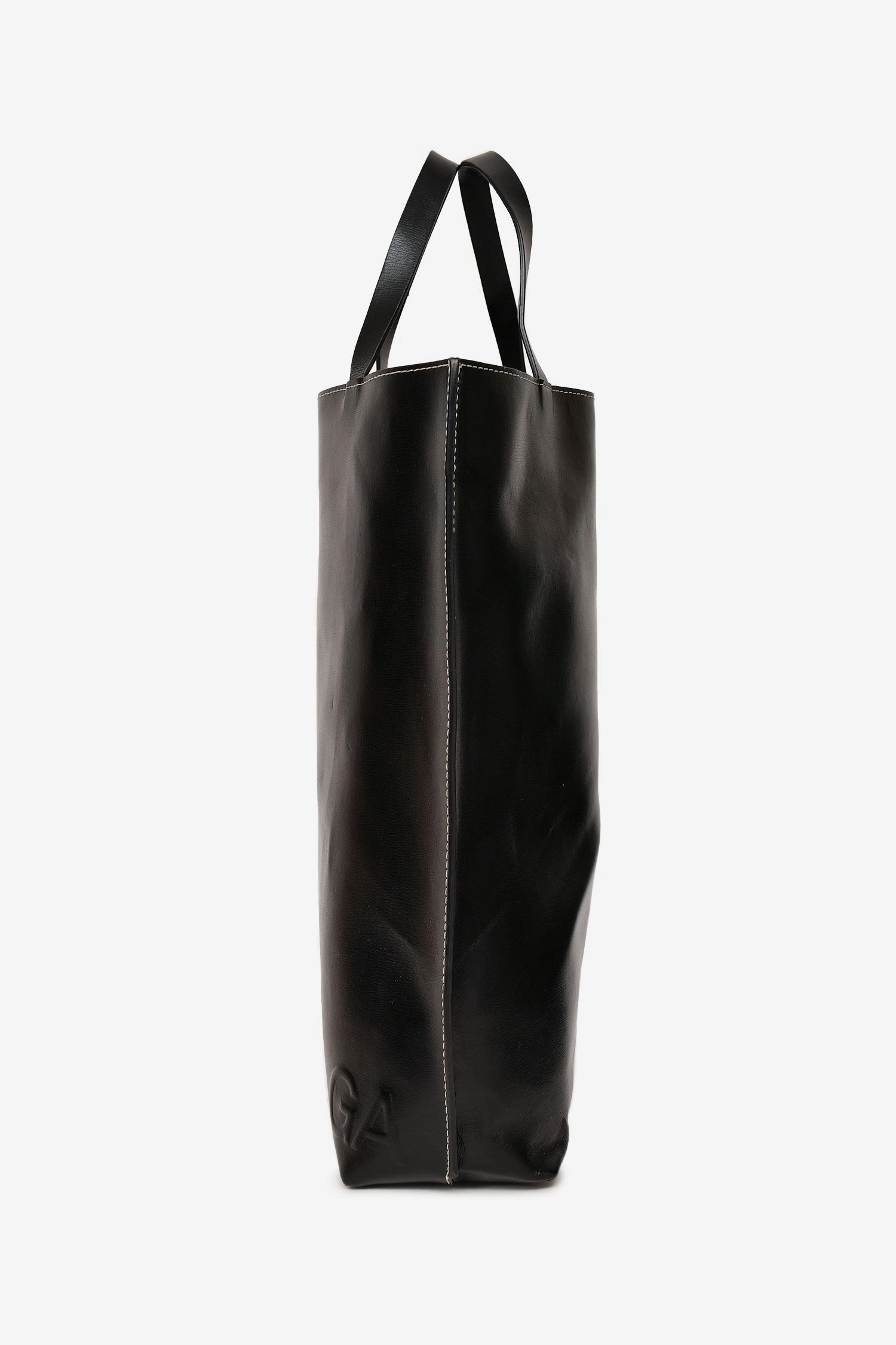 Ganni Black Leather Banner Tote With Canvas Strap