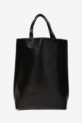 Ganni Black Leather Banner Tote With Canvas Strap