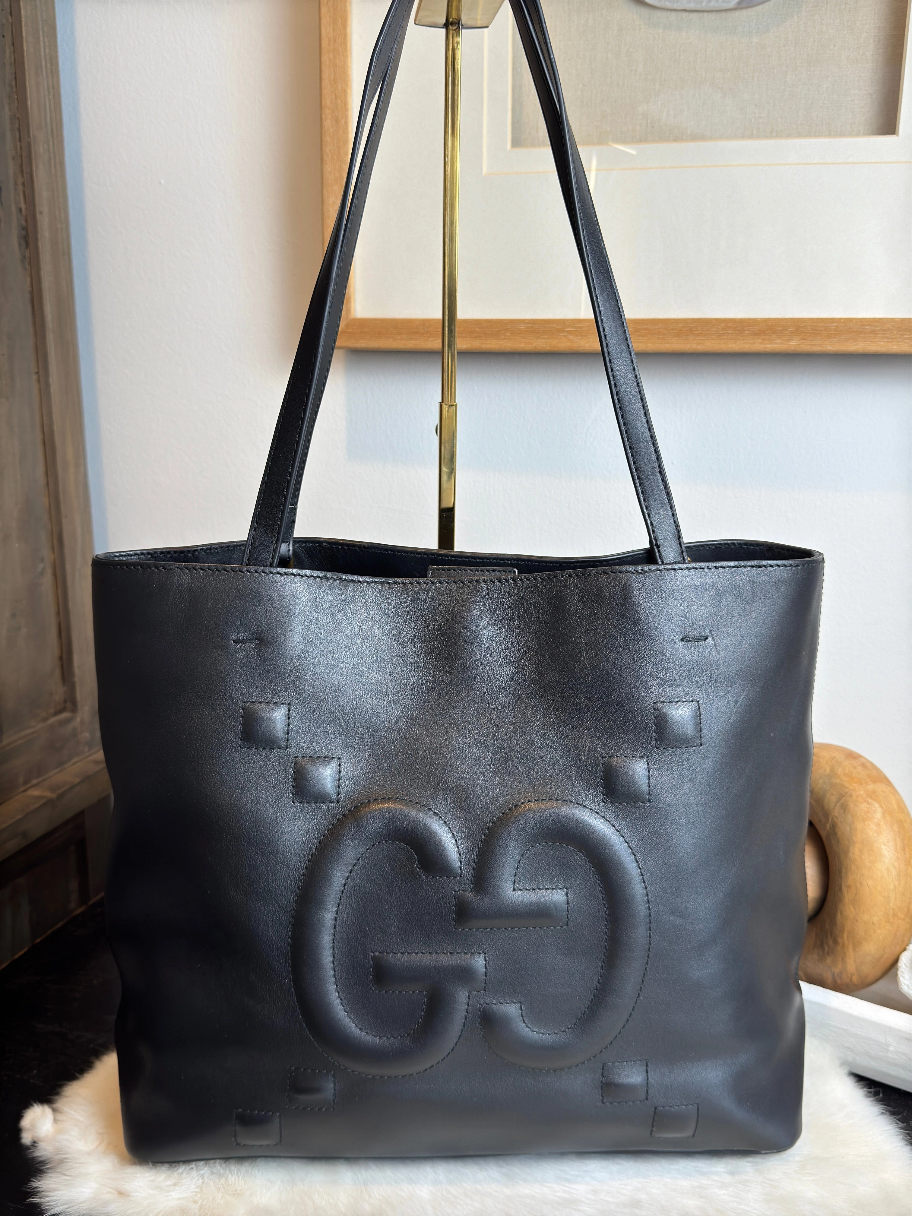 GUCCI Apollo Calfskin GG Dadini Embroidered Black Shoulder Tote